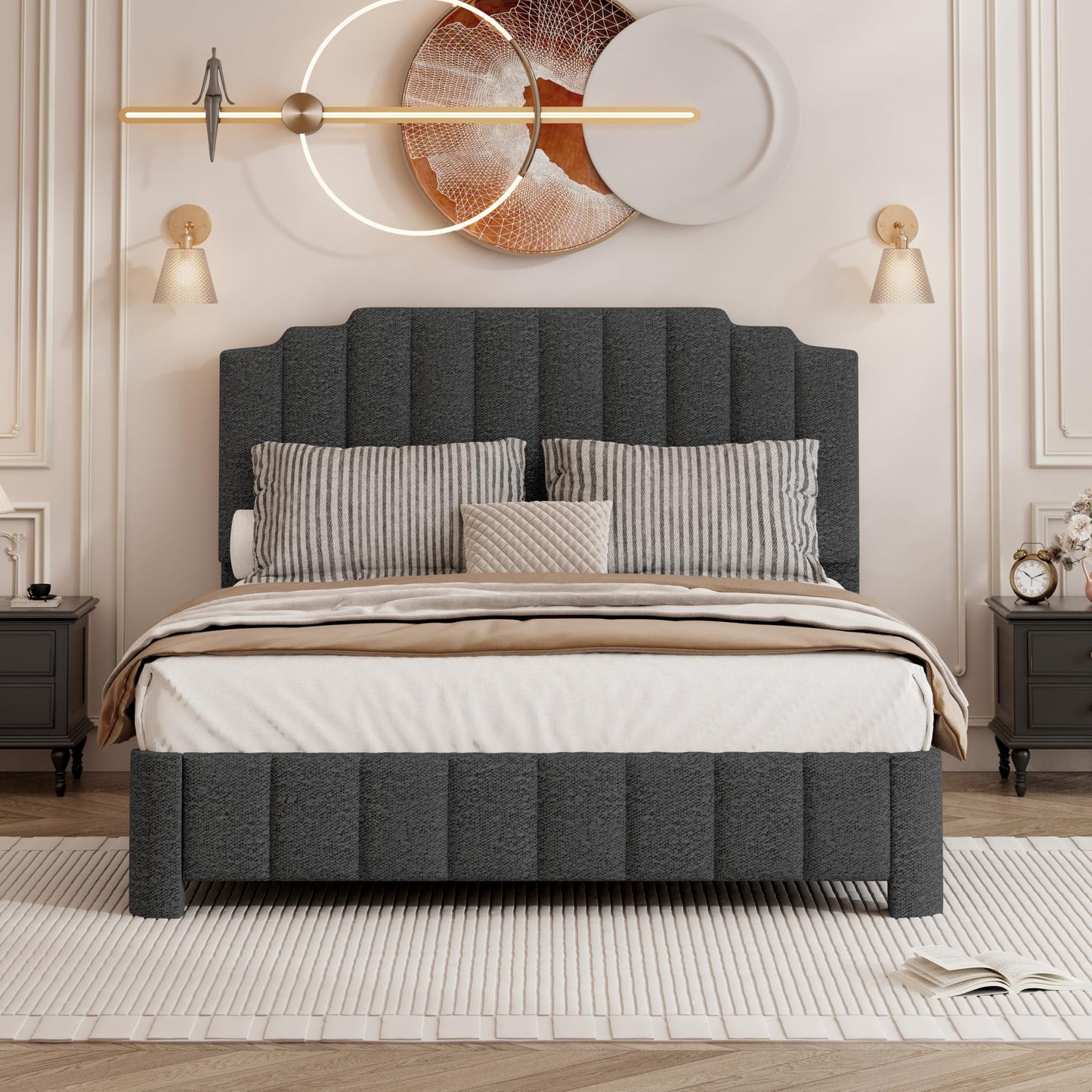 HDDDZSW Queen Bed Frame with Adjustable Headboard, Boucle Queen Size Bed Frame Upholstered Platform Bed Frame, Solid Wood Slats Support Grey Bed Frame for Bedroom, No Box Spring Needed