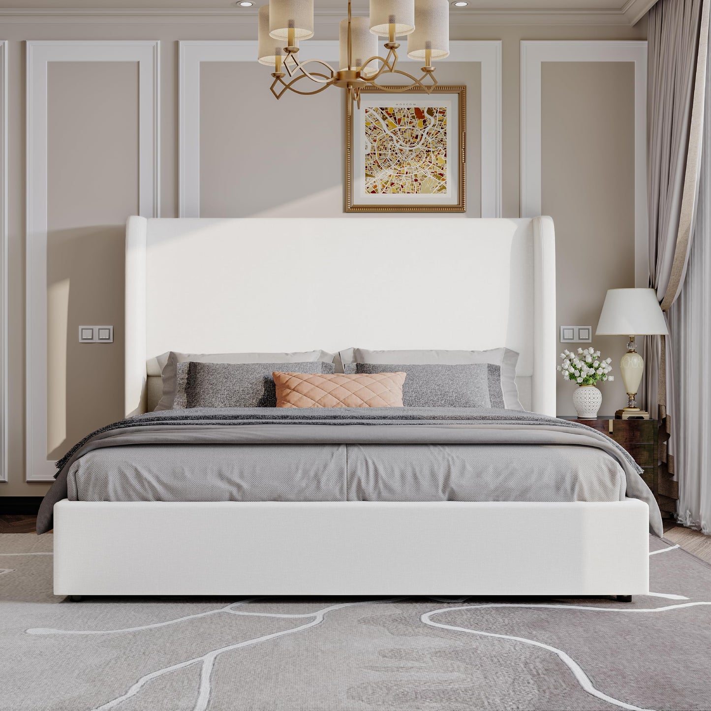 AMERLIFE Lift Up Storage Bed King Size Linen Upholstered Platform Bed Frame, Hydraulic Storage,Modern Wingback Headboard, No Box Spring Needed, White