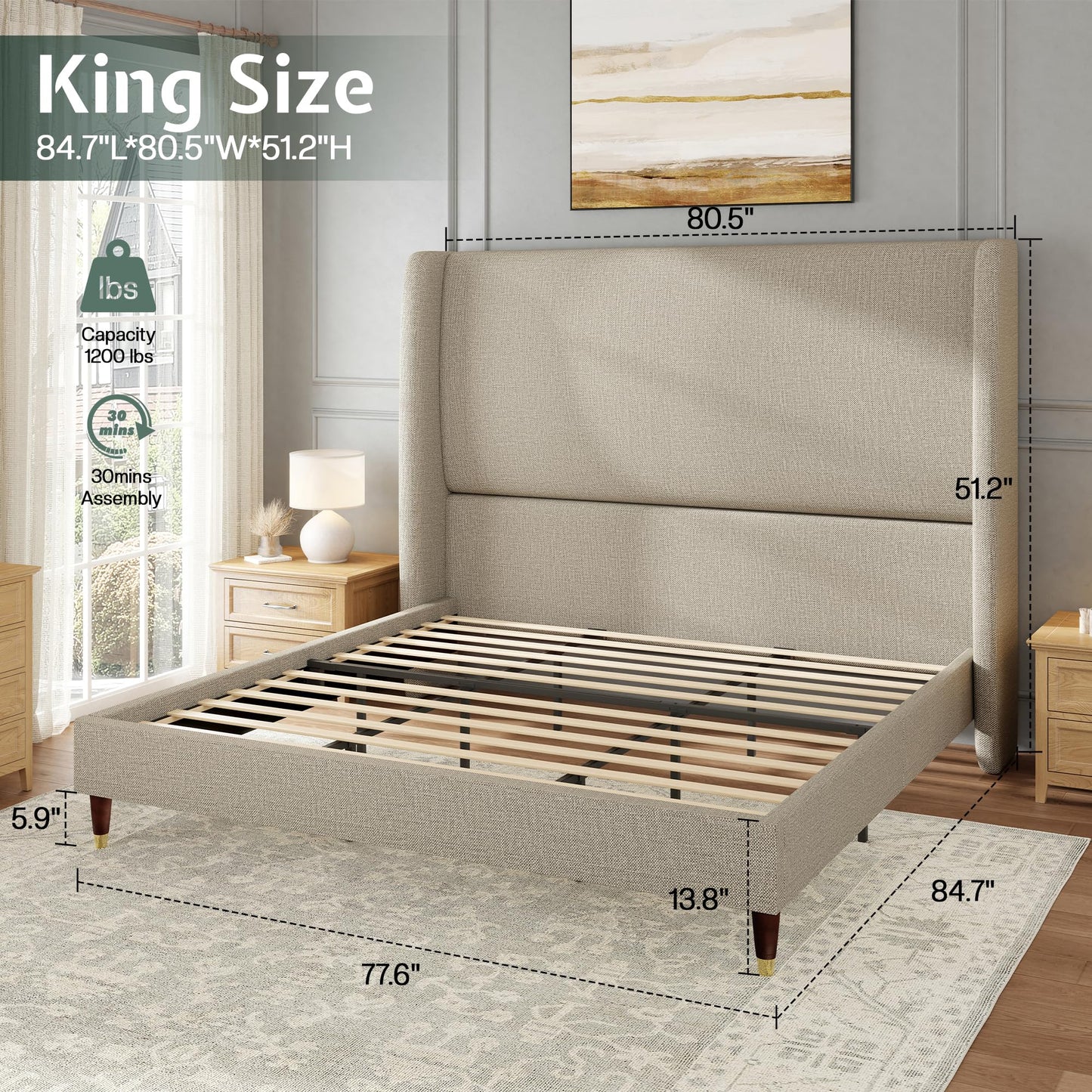 Jocisland King Size Bed Frame 51.2" Wingback Headboard Linen Upholstered Platform Bed,Solid Wood Legs & Wooden Slats,No Box Spring Needed,Noise-Free,for Family Master Suite Cozy Home,Brown