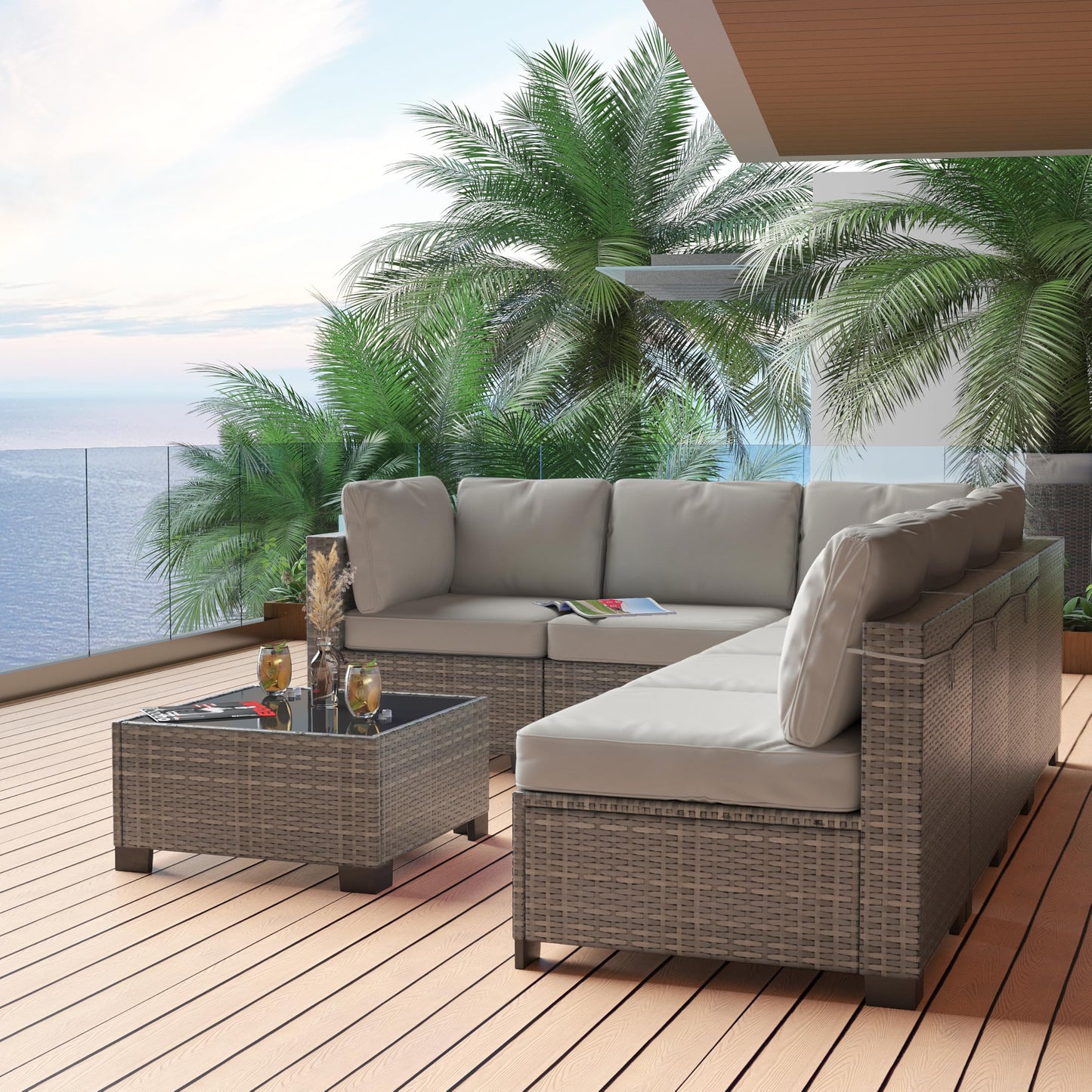 GarveeHome 7 Piece Patio Furniture Set, PE Rattan Wicker Sectional Sofa Set with Cushions & Glass Top Coffee Table, Outdoor Conversation Furniture for Garden, Balcony, Porch, Backyard