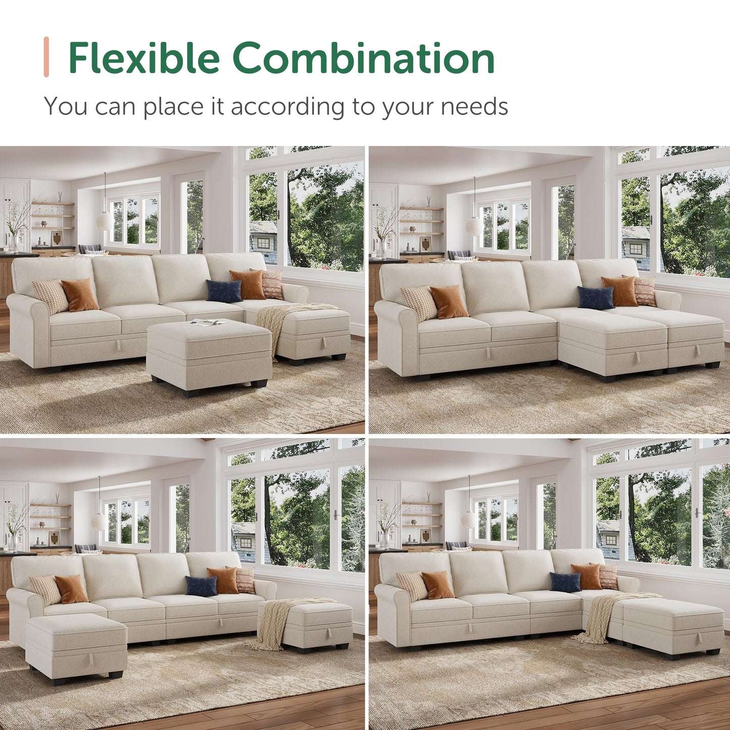 HONBAY Convertible Sectional Sofa with Storage U Shaped Sectional Couch with Reversible Chaise Small Sectional Couches for Living Room,Beige