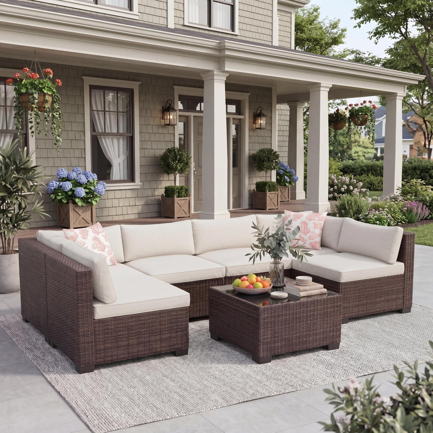 GarveeHome 7-Piece Modular Outdoor Patio Set, Sectional Rattan Wicker Sofa with Water-Resistant & Washable Thick Beige Cushions, Includes Coffee Table, Brown Frame for Garden, Deck, Poolside