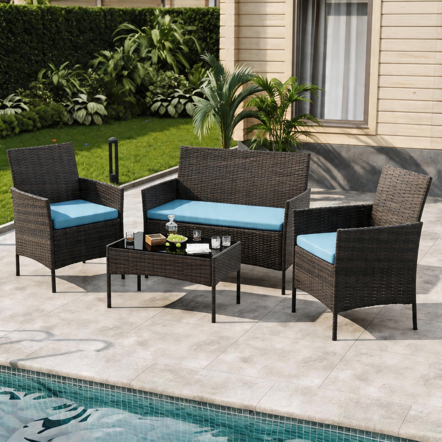 GAOMON 4-Piece Patio Furniture Set, Modern PE Rattan Conversation Set with 2 Chairs, Loveseat & Tempered Glass Coffee Table, All-Weather Outdoor Seating for Garden, Porch, Balcony, Poolside