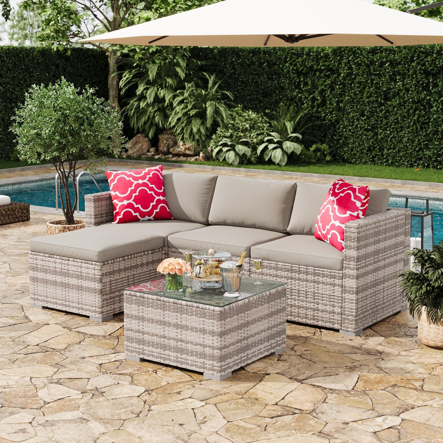 MilleLoom 5 Piece Outdoor Sectional Sofa Set, PE Rattan Patio Furniture Set with Ottoman and Tempered Glass Table, Convertible Wicker Conversation Set for Backyard Porch Poolside, Gray