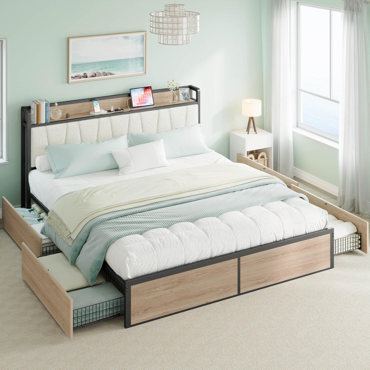 LIKIMIO California King Bed Frame with 4 Storage Drawers, Platform Bed with Charged Headboard, Sturdy and Stable, No Noise, No Box Spring Needed, Easy to Install, Wood and Cream