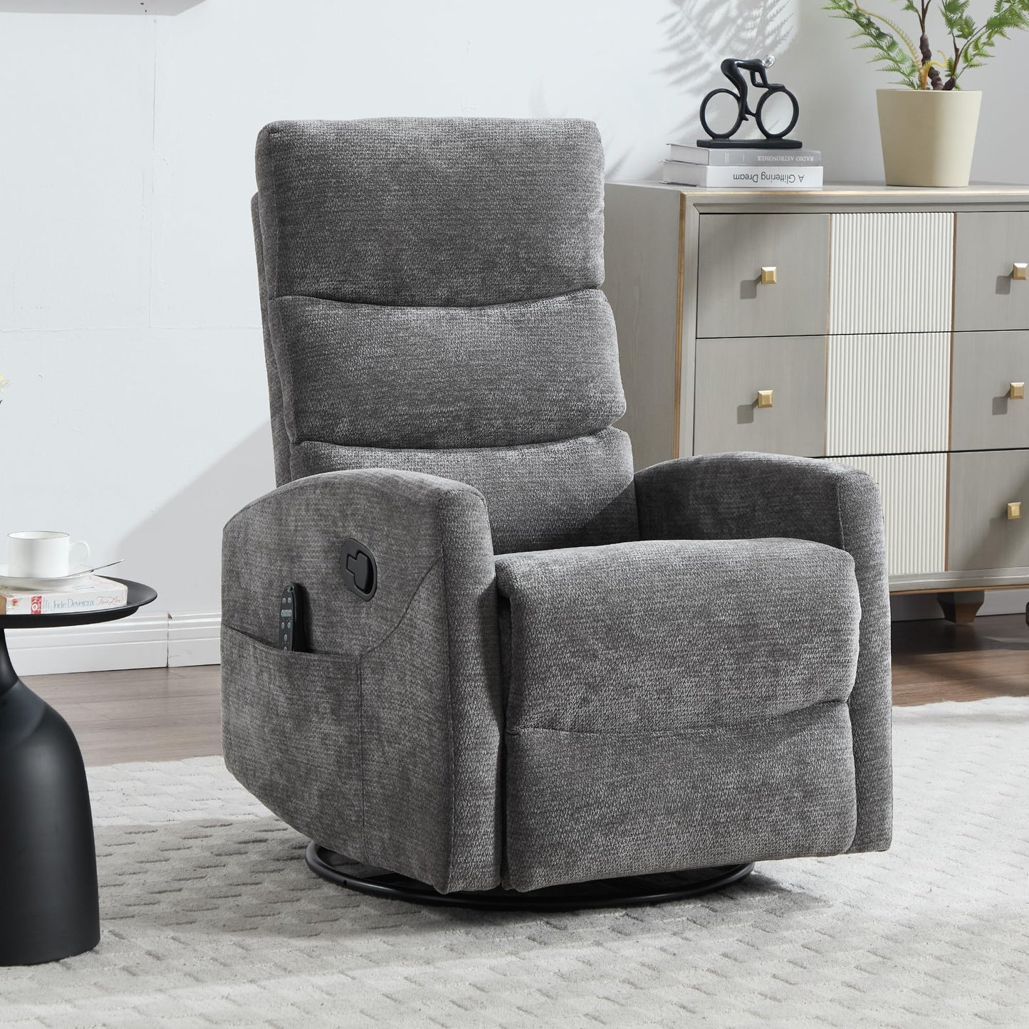 KEIKI 4-in-1 Manual Swivel Rocker Recliner Chair for Home Living Room, Chenille Chair with Back Massager & Heat, Home Theater Seating with Lumbar Support, Cozy Small Bedroom Chairs for Adults, Grey
