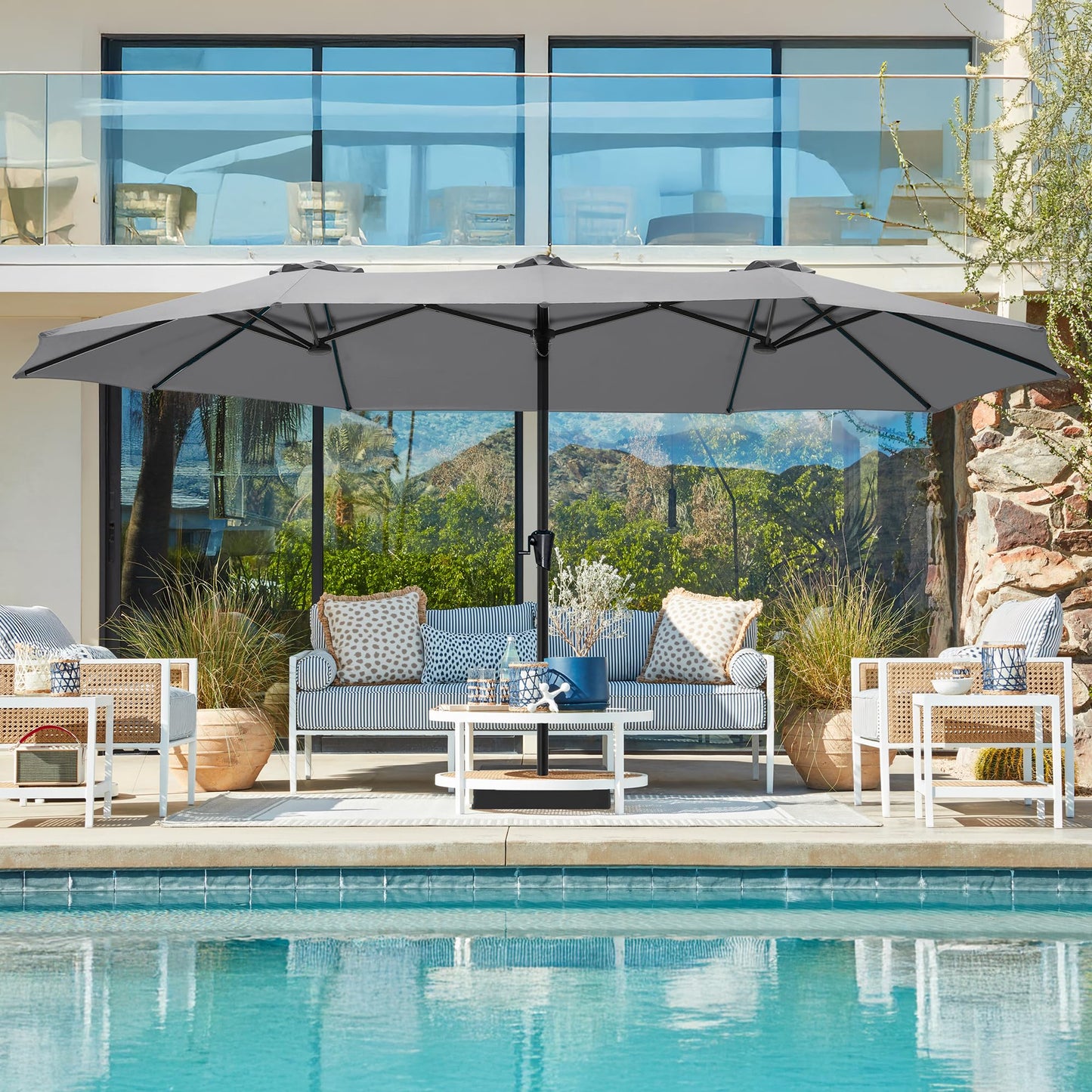 SUPERJARE 15FT Outdoor Patio Umbrella with Base Included, Double Sided Pool Umbrellas with Fade Resistant Canopy, Extra-Large Table Umbrella for Deck, Market, Backyard, Gray