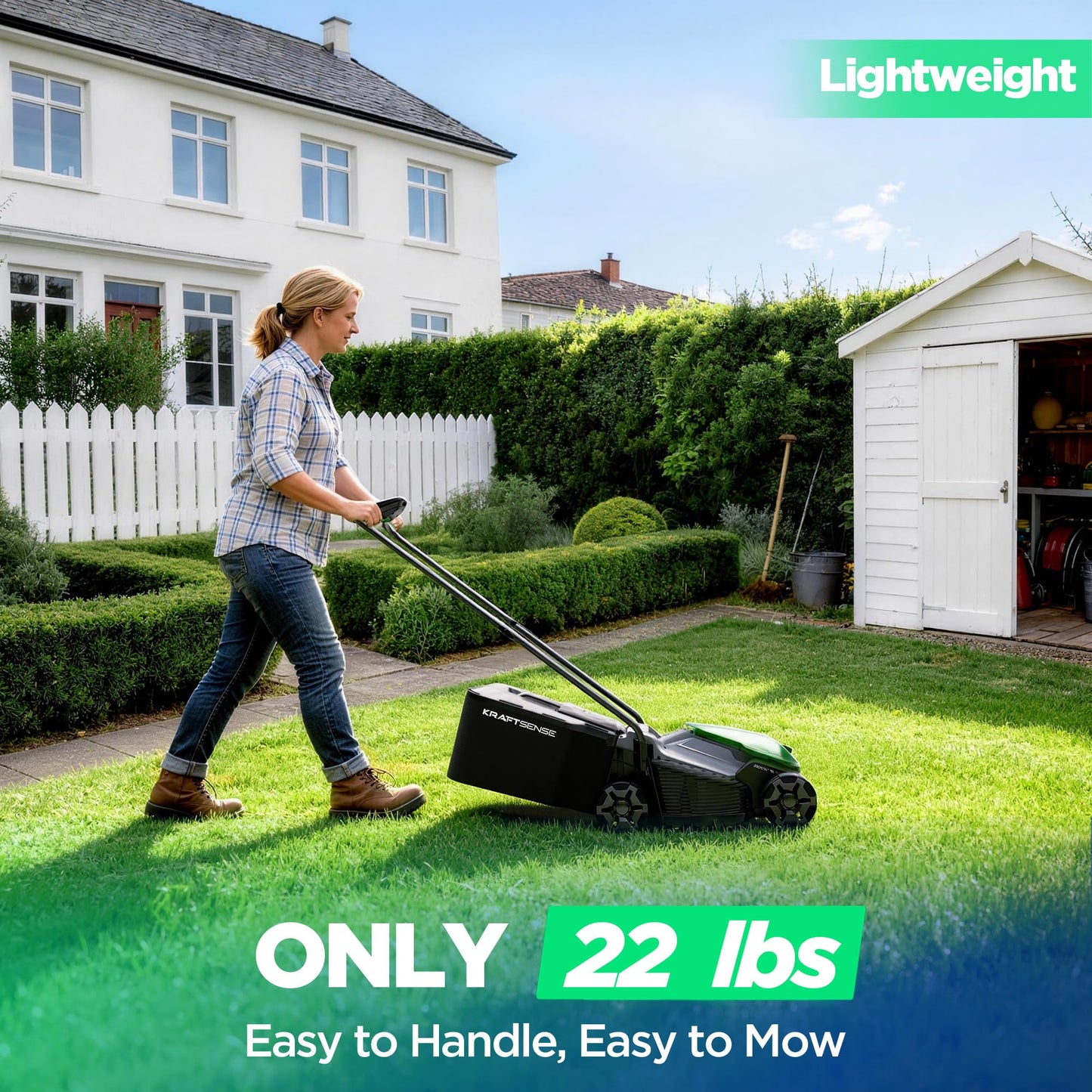 Kraftsense 14" Cordless Lawn Mower, 20V Lightweight Push Mower with 2×5.0Ah Battery, Ultra-Quiet Motor for Small Yards, Lawn Care, Backyard Maintenance