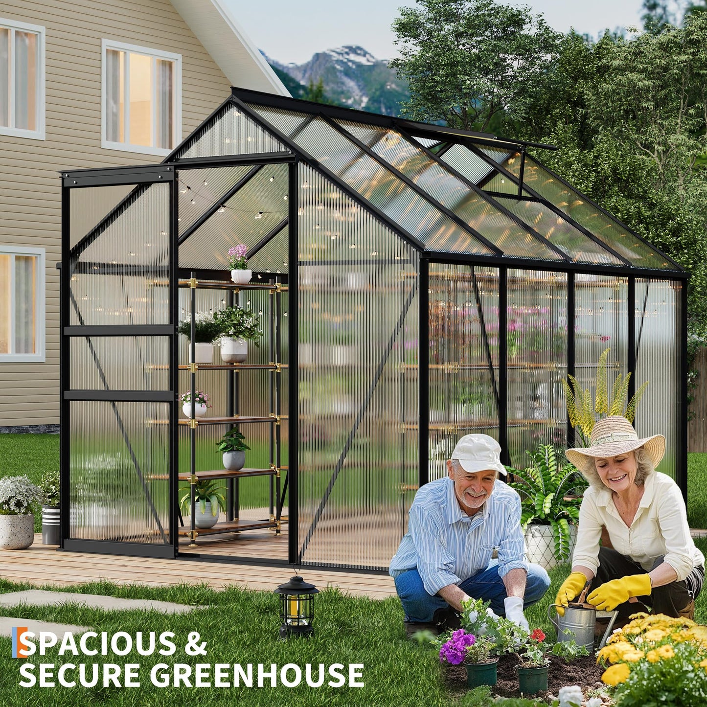 GarveeHome 6x8FT Greenhouse, Large Walk-in Polycarbonate Greenhouse with Adjustable Vent Window, Sliding Door, Portable Green House Kit for Outdoors, Winter