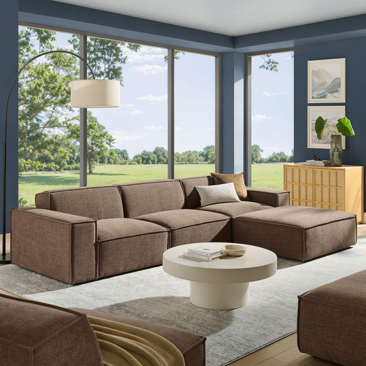 Modway Restore Performance Fabric Upholstered 4-Piece Modular Sofa Set with Ottoman in Mocha - Low Profile Sectional Sofa with Coil Seat Support and French Piping