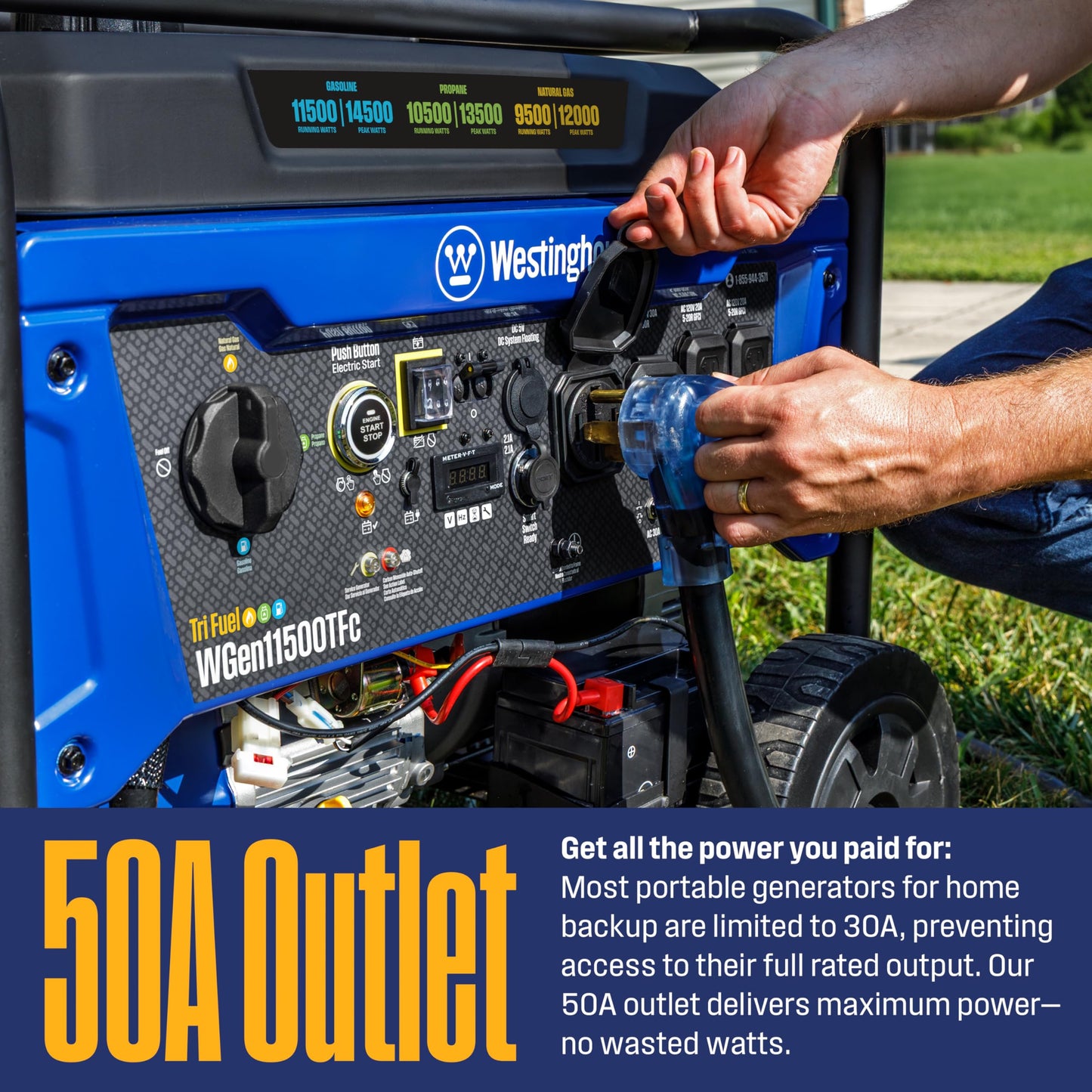 Westinghouse 14500 Peak Watt Tri-Fuel Home Backup Portable Generator, Remote Electric Start, Transfer Switch Ready, Gas, Propane, and Natural Gas Powered