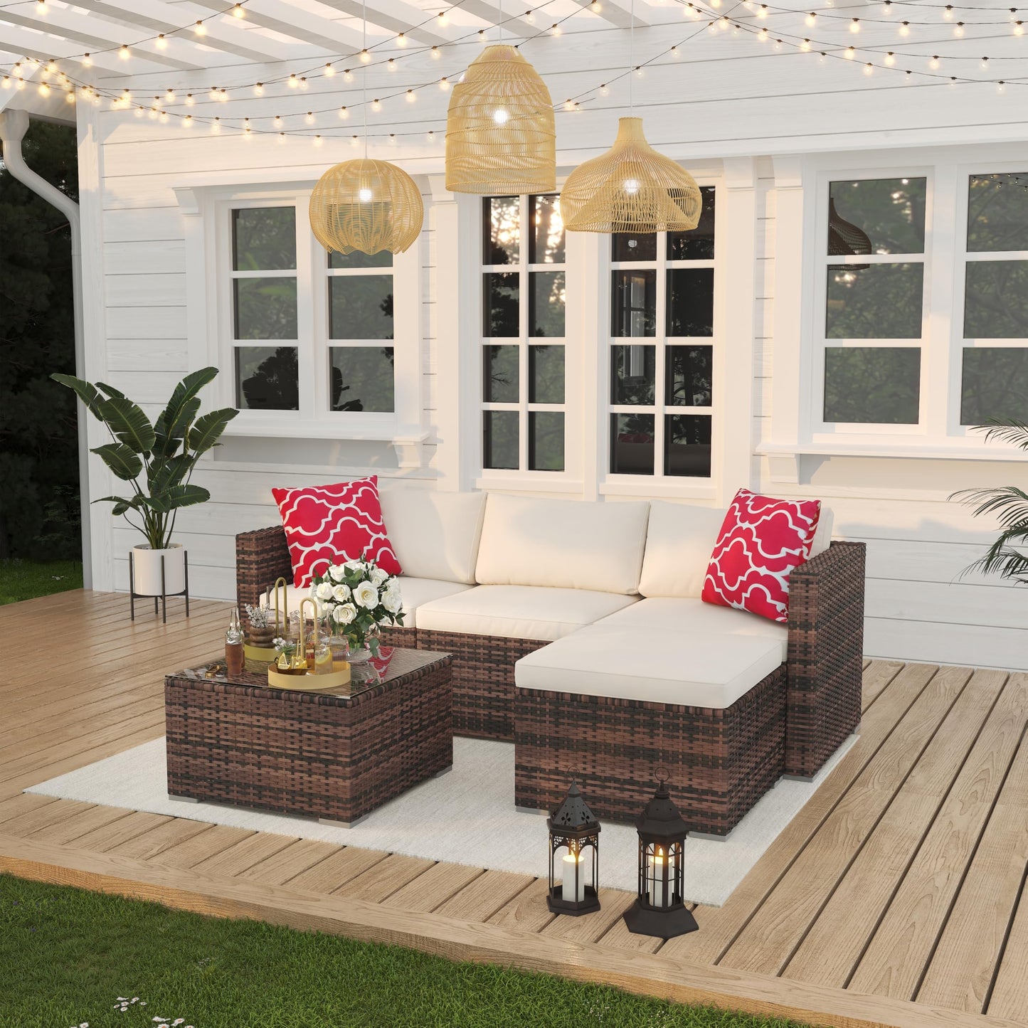 Garvee 5 Pieces Patio Furniture Set, Outdoor Glass Table and Cushions with Rattan Wicker Chairs, Patio Furniture Set for Porch, Balcony, Backyard, Garden, Gray & Blue