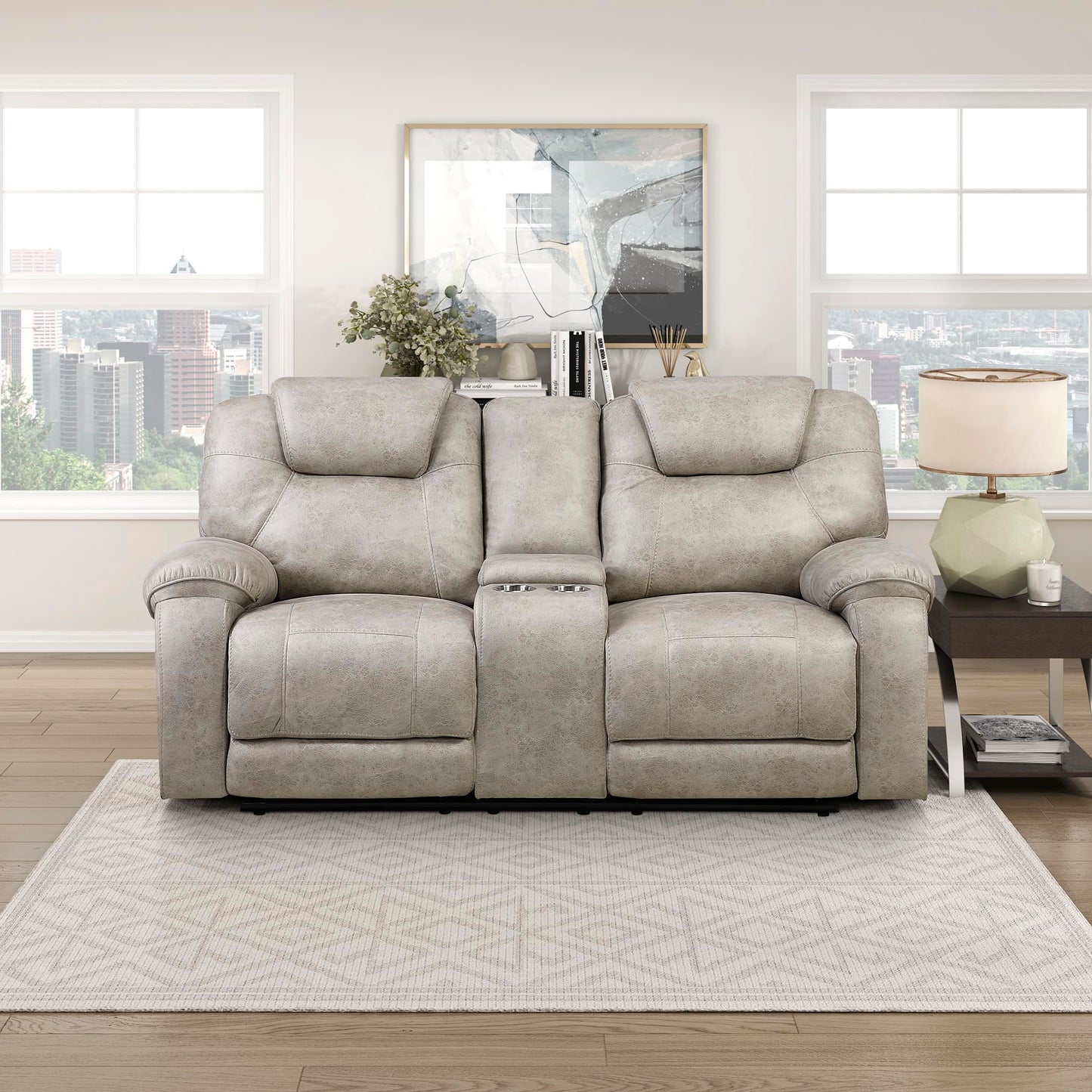 Lexicon Manual Double Reclining Loveseat, Polished Microfiber Manual Wall Hugger Loveseat Recliner for Living Room, Center Storage Console/Cup Holders/Pillow Top Arm, Easy Assembly, Pewter