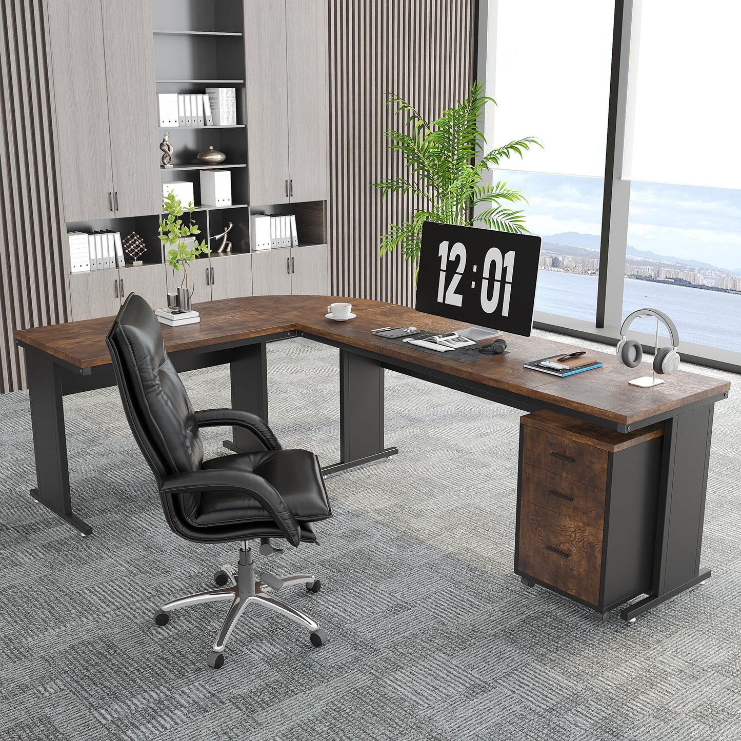 Tribesigns 83" L-Shaped Executive Desk, Large Office Desk with Drawers, Industrial Corner Computer Table with Rolling File Cabinet, Business Workstation for Home Office (Brown, 83 Inches)