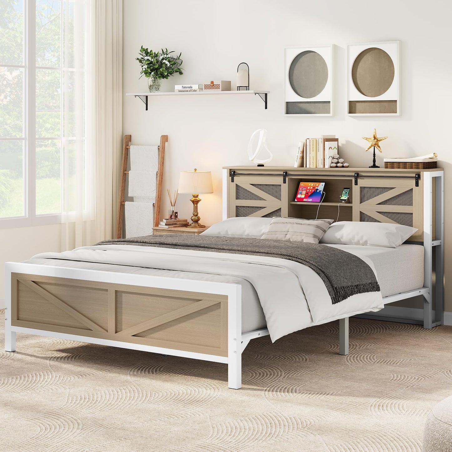 YITAHOME Farmhouse Queen Size Bed Frame with Headboard, Bookcase Storage Shelves, Sliding Grid Barn Door, Charging Station, Rustic Wood Platform Bed, No Box Spring Needed, Oak