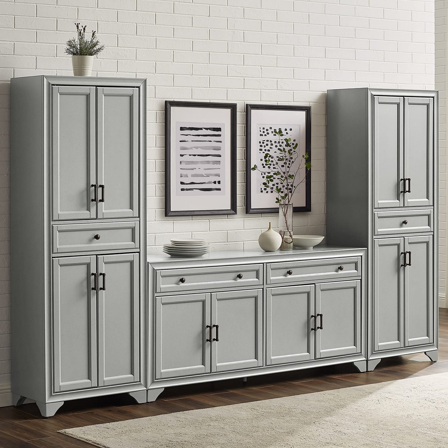 Crosley Furniture Tara 3-Piece Modern Farmhouse Sideboard Buffet Cabinet and Kitchen Storage Pantry Set, Distressed Gray