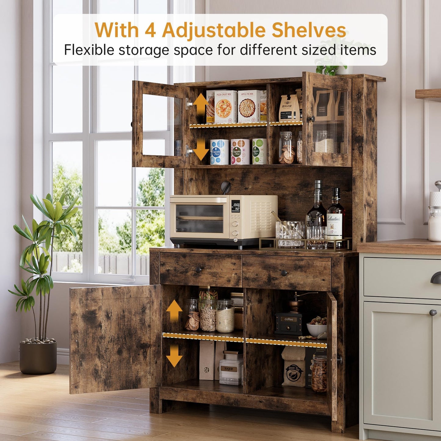 IDEALHOUSE 63" Kitchen Pantry Cabinet with Drawers, Hutch Cabinet with Storage, Microwave Stand, Adjustable Shelves, Freestanding Tall Pantry Storage for Dining Room, Living Room, Rustic Brown