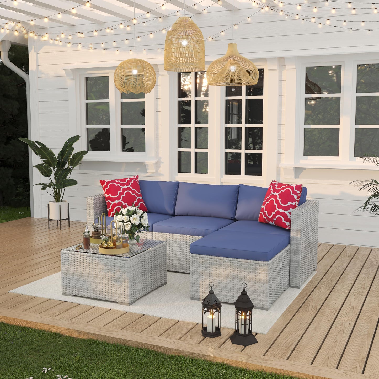 5 Piece Outdoor Patio Furniture Set, Rattan Deck Conversation Sofa Set with Non-Slip Cushions, All-Weather Sectional Sofa with Glass Storage Table and Balcony Footstool, Poolside, Garden, Porch, Gray