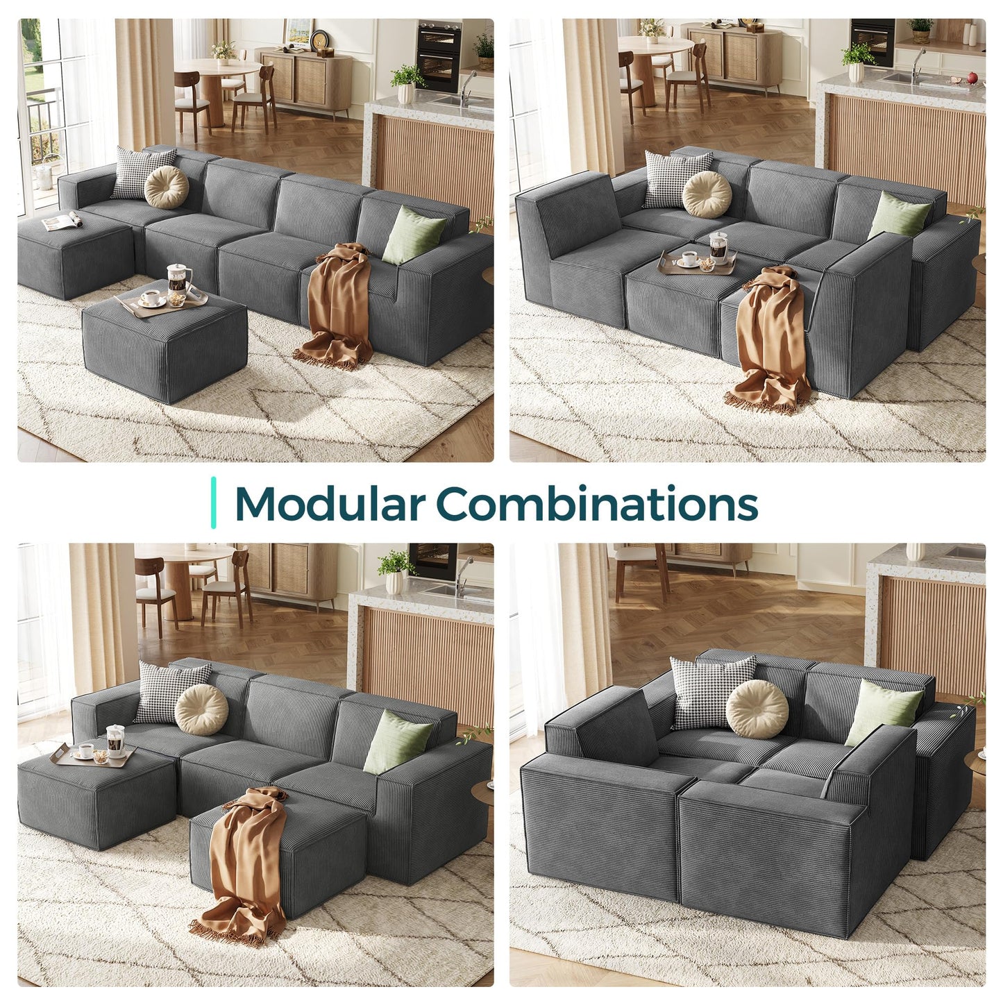LINSY HOME Modular Sectional Sofa, 105" Boneless Couch L Shaped 3-Seat Sofa with Movable Ottoman, Corduroy Sectional Cloud Couches for Living Room, No Assembly Required, Grey
