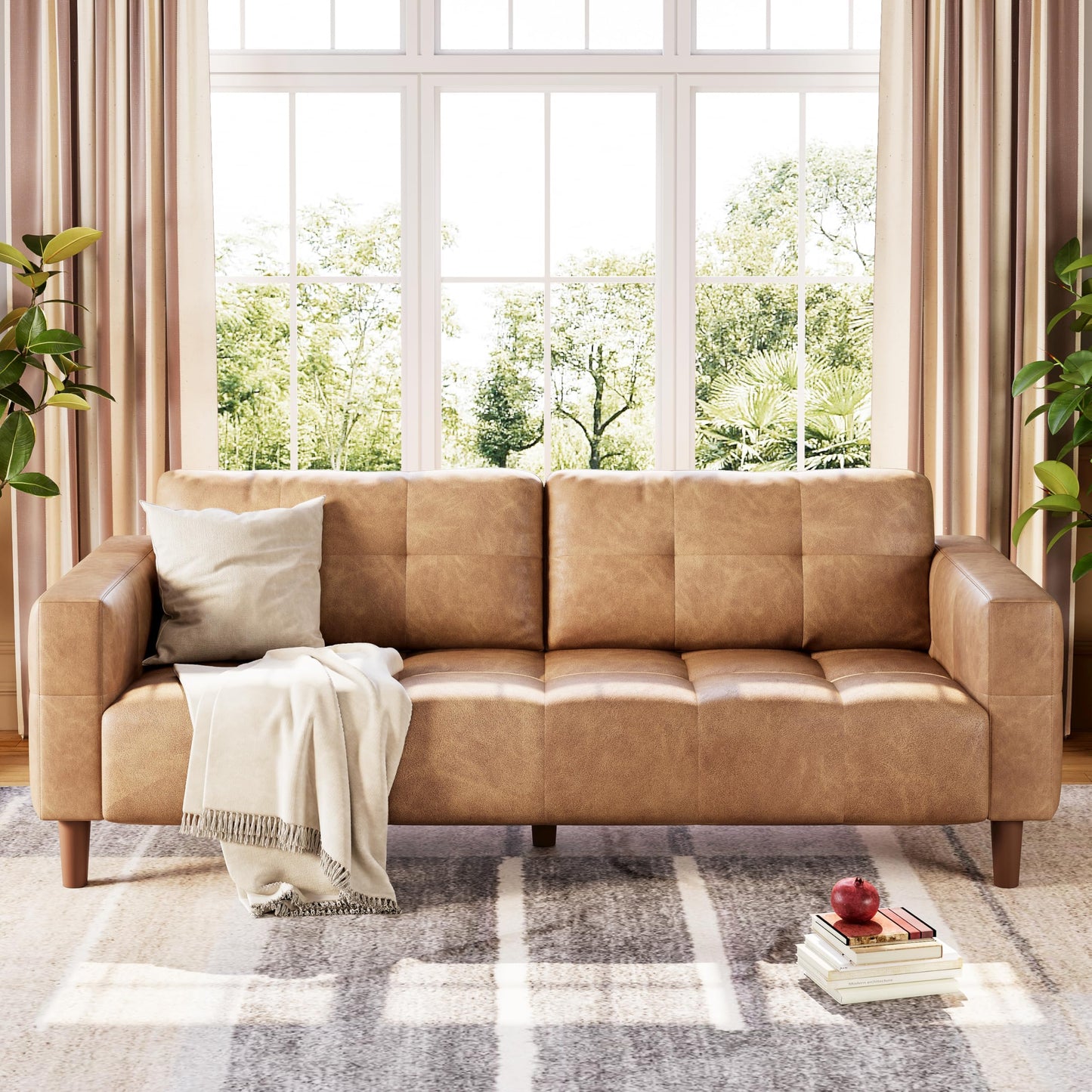 IDEALHOUSE 83” Brown Faux Leather Couch, 3 Seater Sofa Couches with 2 Removable Back Cushions for Living Room, Large Mid Century Modern Office Apartment Couch (Brown)