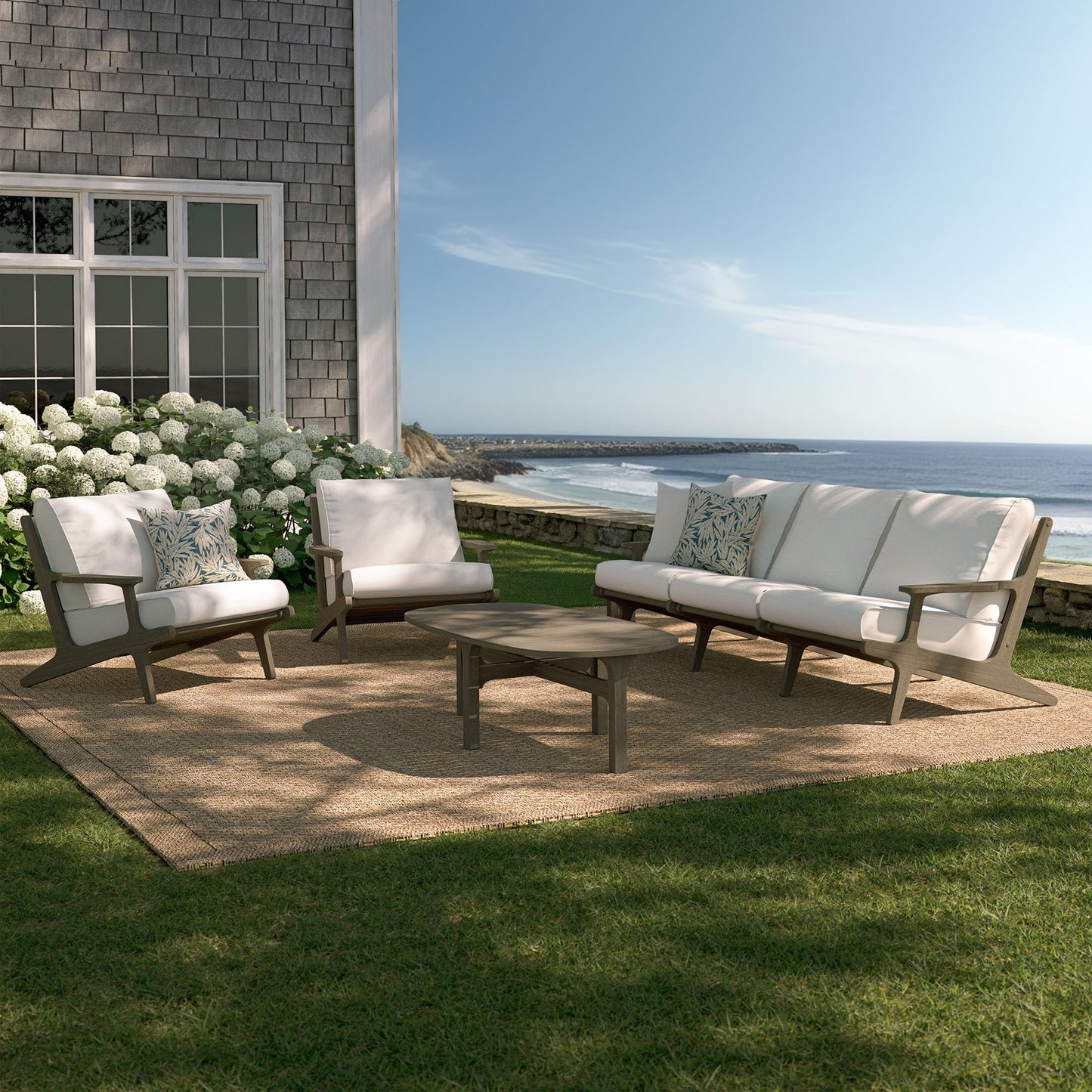 Modway Saratoga 4-Piece Teak Wood Outdoor Furniture Set in Weathered Gray White - Patio Conversation Set with Sofa, 2 Armchairs, and Coffee Table