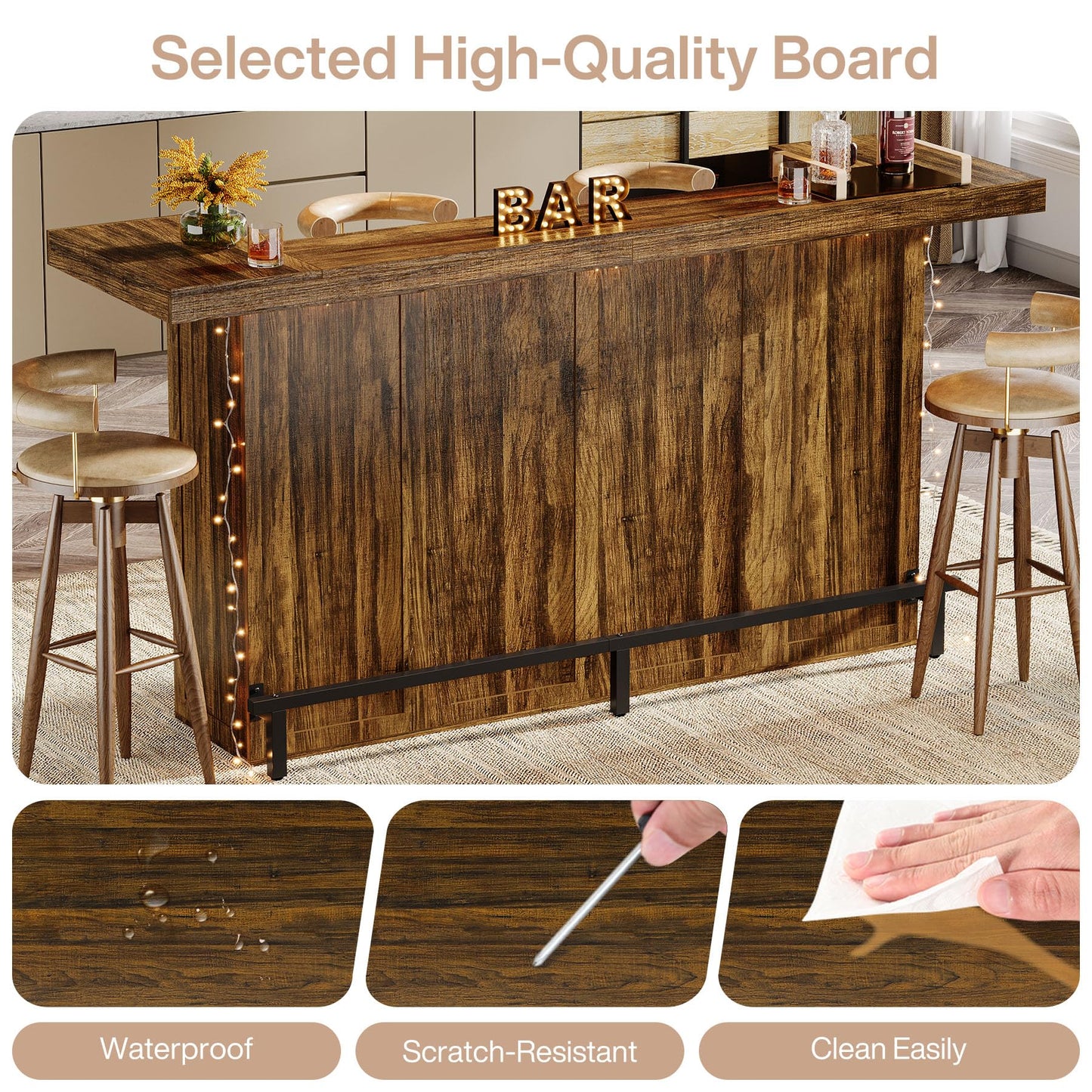 Tribesigns 4-Tier Bar Table, 70.9-Inch Large Wood Home Bar Unit with Wine Glass Holder and Black Footrest, Pub Table with Storage Shelves for Kitchen, Indoor, Brown
