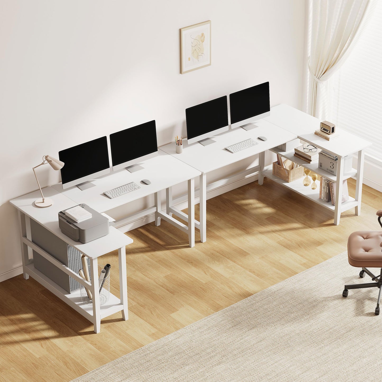 IOTXY Reversible L-Shaped Office Desk - 53" Modern Corner Computer Table with Storage Shelves, Solid Wood Legs, Home Writing & Study Workstation, White
