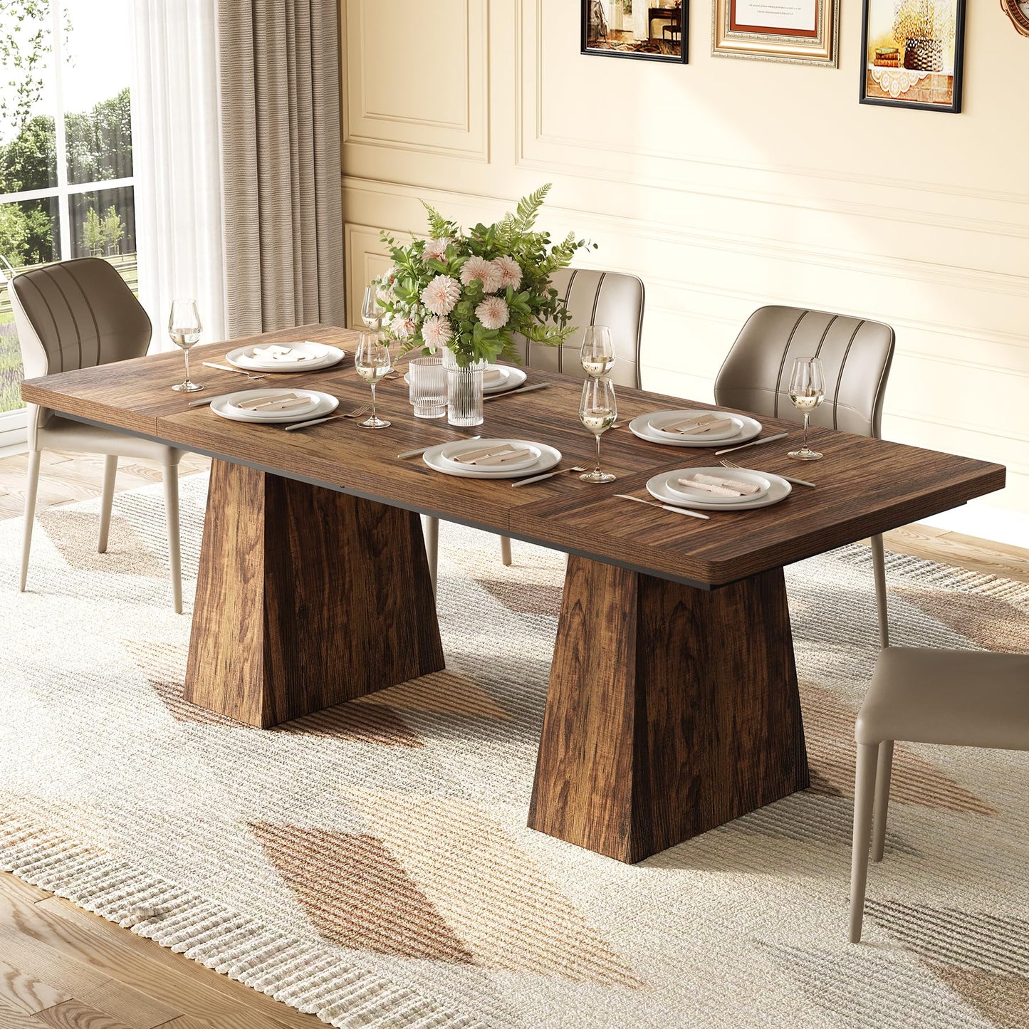 LITTLE TREE Dining Table for 4-6 People, Wooden Table, Rectangle Furniture with Heavy Duty Legs, Modern Kitchen Table for Home, Dining Room, Brown