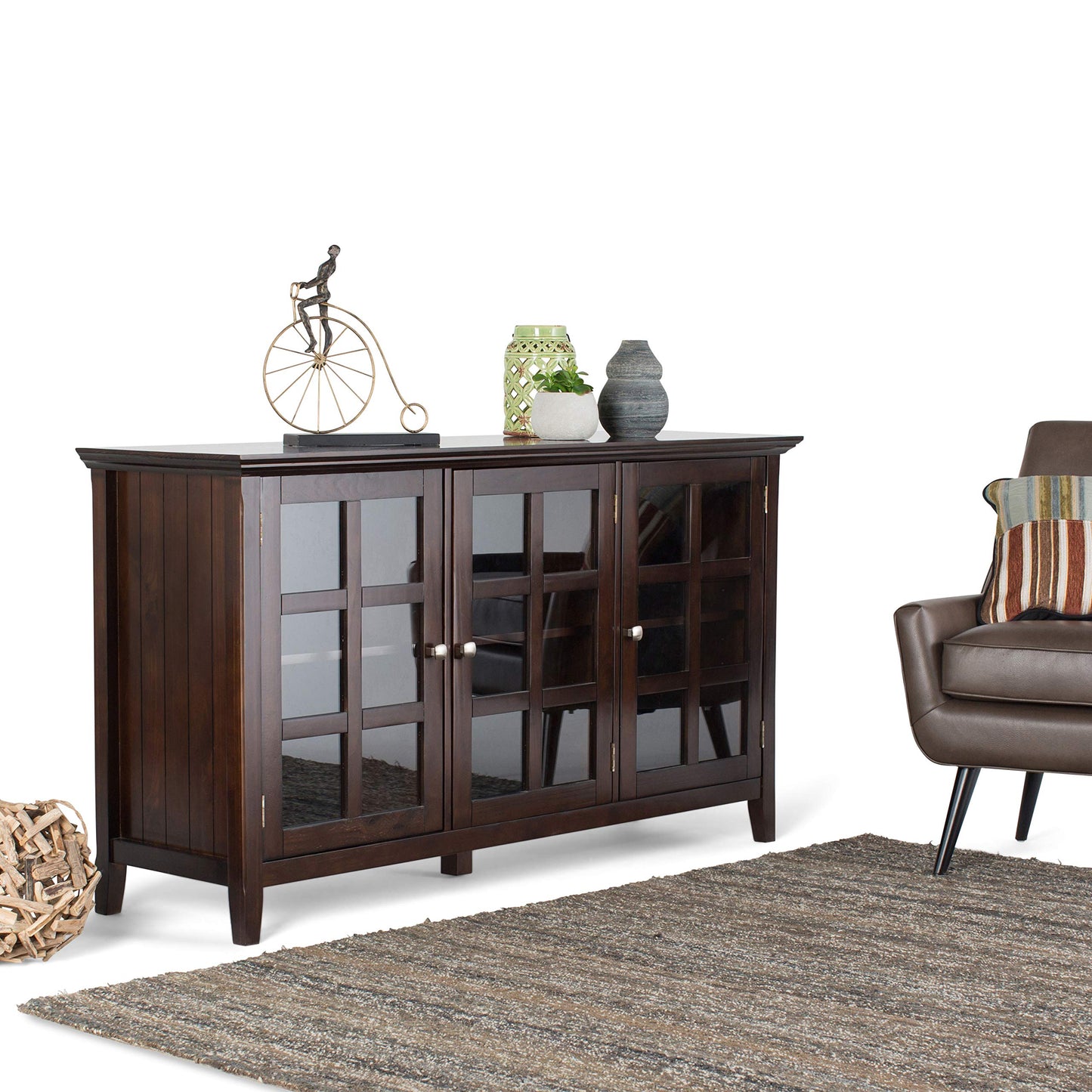 SIMPLIHOME Acadian Storage Cabinet - 62 inch Wide Solid Wood 3-Shelf Sideboard in Brunette Brown, Transitional Buffet for Living Room, Entryway, or Dining Room with Adjustable Shelves and Glass Doors