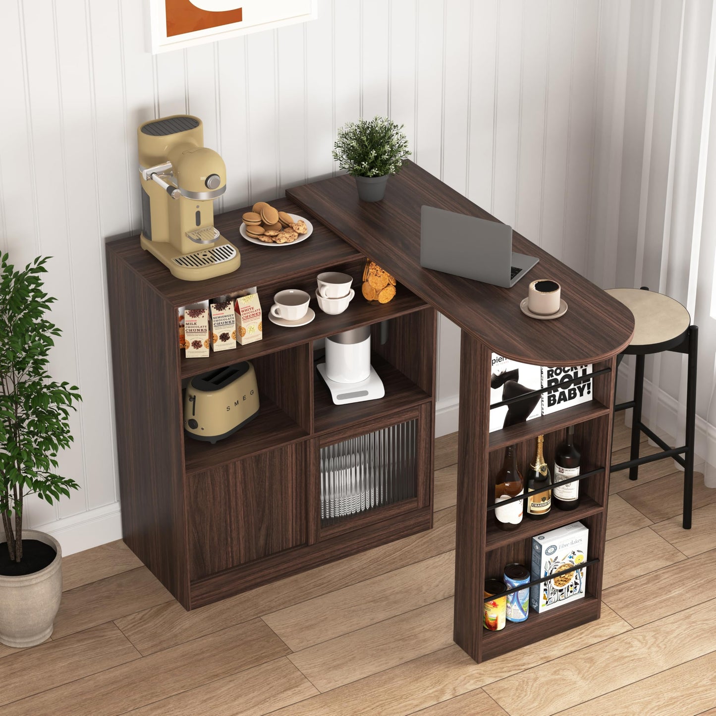 GDFStudio Modern Bar Cabinet with Rotating Top, Counter-Height Kitchen Dining Cabinet with 2 Ribbed Glass Doors & 6 Storage Shelves, Home Bar with Shelves, Living Room Storage Furniture, Walnut Brown