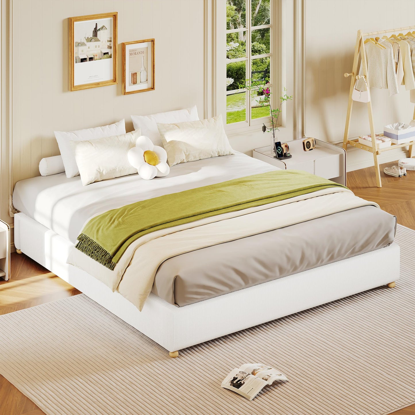 Queen Size Cloud Bed Frame,Upholstered Platform Bed with Solid Wood Legs, Corduroy Low Bed Frame for Bedroom,No Fixed Headboard, No Box Spring Needed,Noise Free, Easy Assembly,White