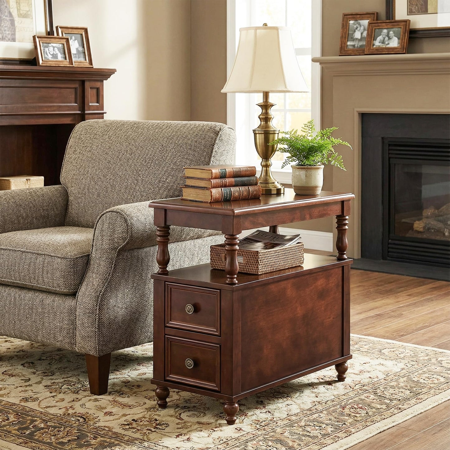 Tribesigns Cherry Finish Wood End Table with 2 Drawers, Mid-Century Wooden Slim Side Table Nightstands with Storage Shelf, Accent Table for Living Room, Easy to Assemble