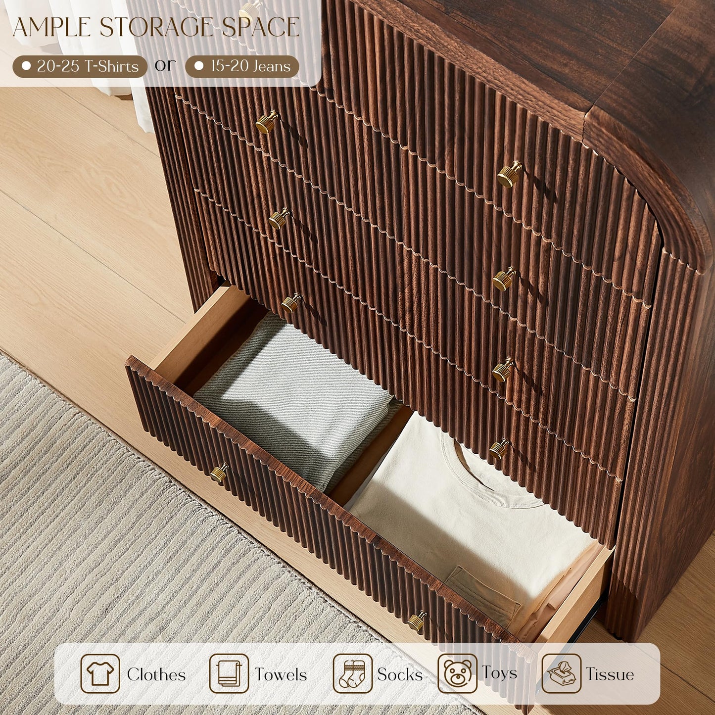 T4TREAM Fluted 5 Drawers Dresser, 48" Tall Modern Chest of Drawers with Thickened Curved Profile Design, Wood Closet Clothes Storage Organizer for Bedroom, Living Room, Hallway, Dark Walnut