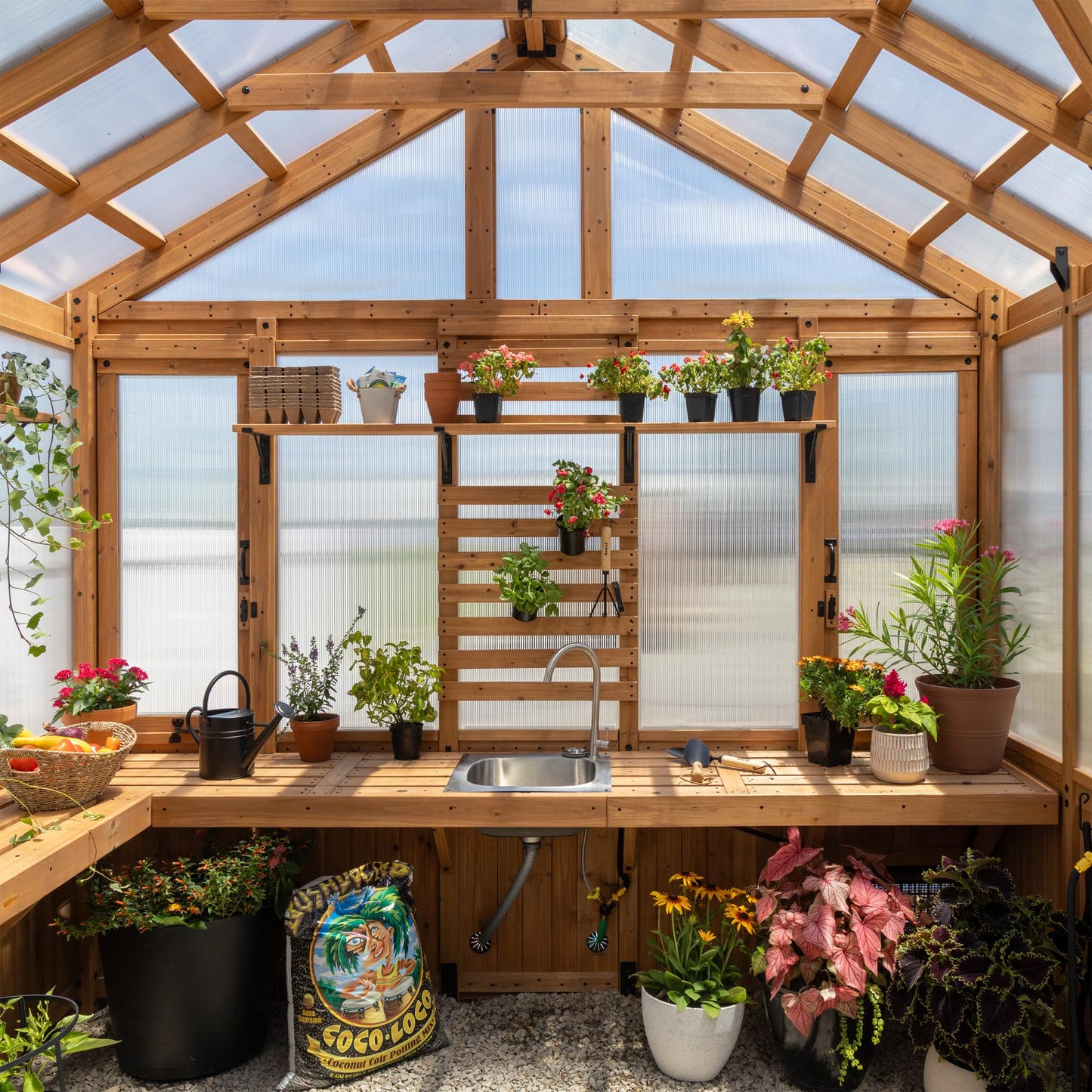 Backyard Discovery Savannah Chalet-Style 14.5' x 12' Cedar and Polycarbonate Walk-In Greenhouse Kit with Sink, Exhaust Fans, Windows, Hose Hook-Ups, PowerPort, Staging Shelves for Year-Round Gardening