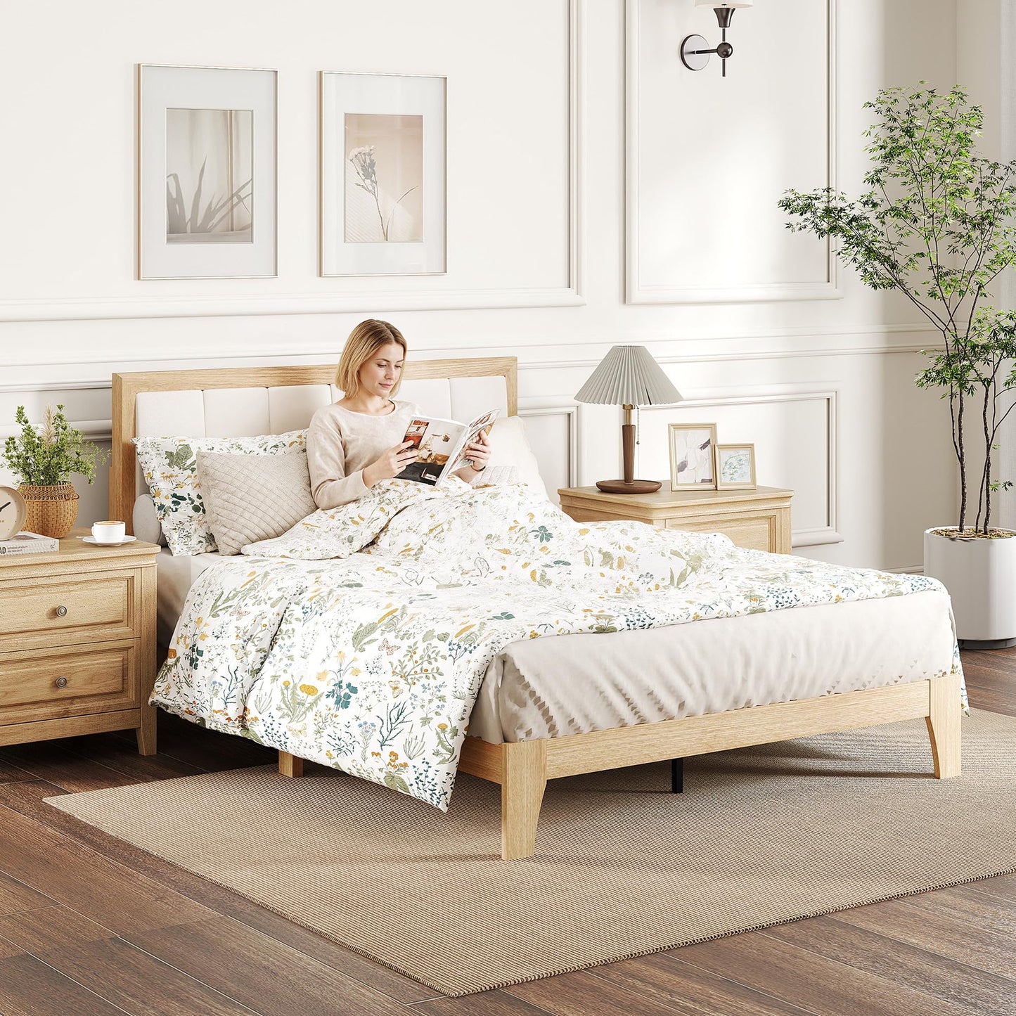 HOMCOM Full Size Bed Frame with Upholstered Headboard, Platform Bed Frame with Wooden Slats, No Box Spring Needed, Easy Assembly, Natural
