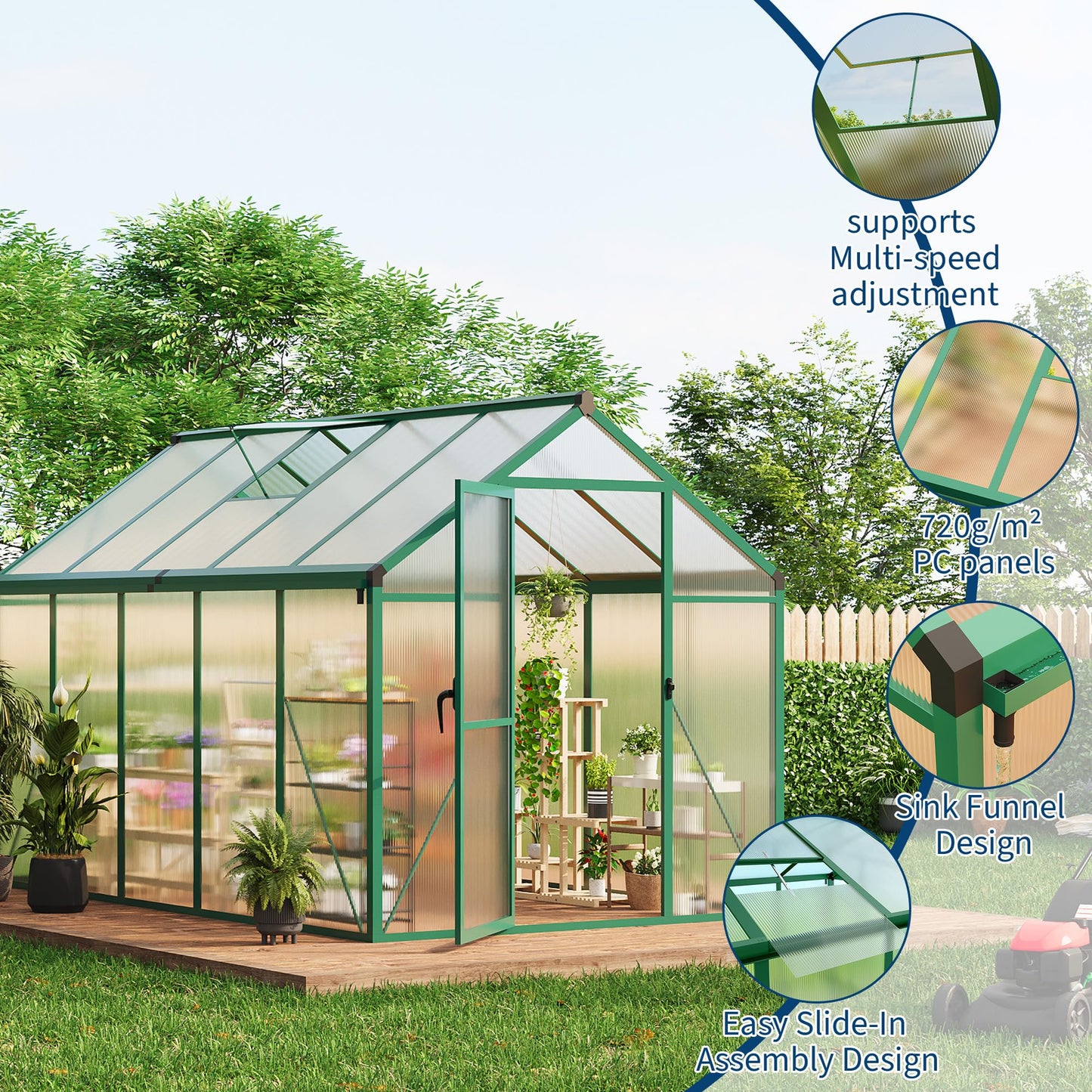 Greenhouse, 6x10 Ft Outdoor Greenhouses, Greenhouse Kit, Portablee Greenhouses with Ground Nails and Vent Windows, Sliding Lockable Door, Polycarbonate Green House for Outside Garden Backyard, Green