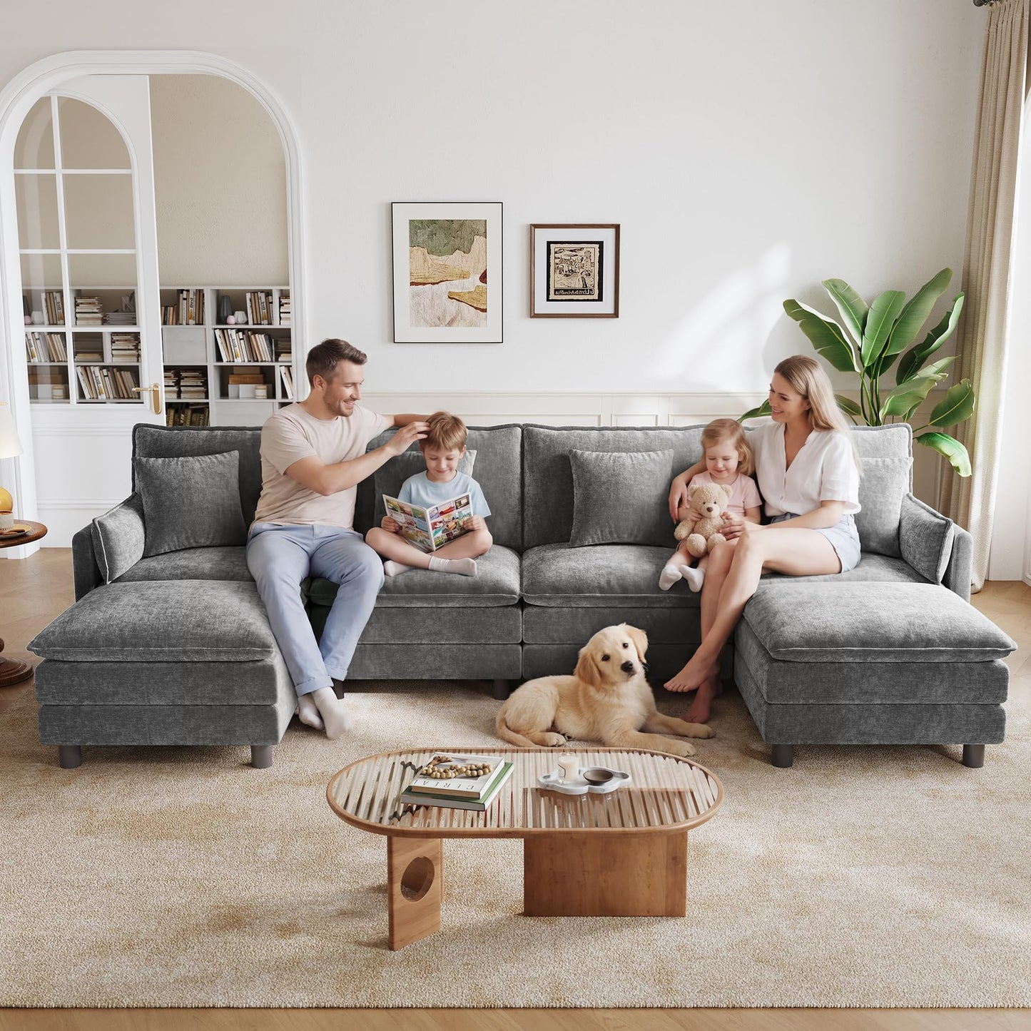 LINSY HOME 129'' Modular Sectional Sofa 4 Seat Couch Chenille Cloud Couch with Deep Seat, U Shaped Couch with 2 Movable Ottoman for Living Room, Office, Bedroom, Grey(Pillows Included)