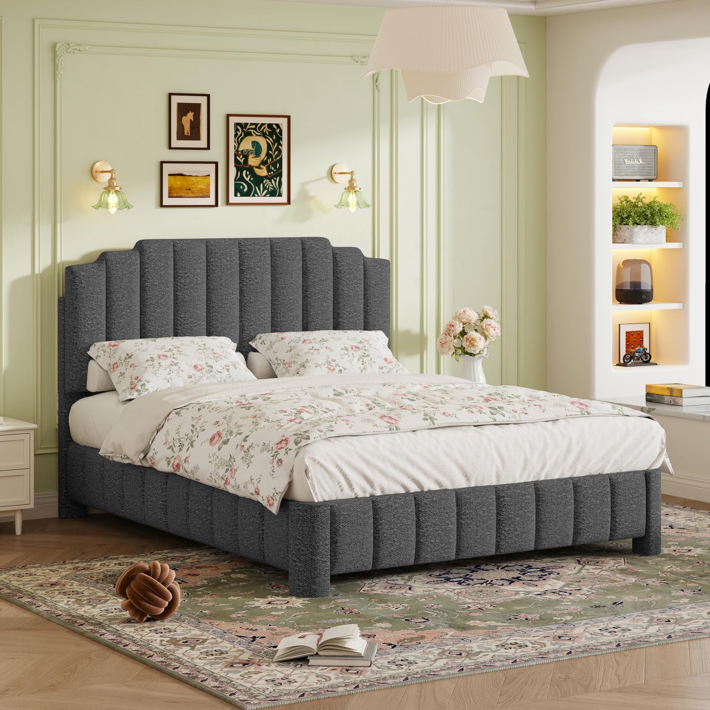 HDDDZSW Queen Bed Frame with Adjustable Headboard, Boucle Queen Size Bed Frame Upholstered Platform Bed Frame, Solid Wood Slats Support Grey Bed Frame for Bedroom, No Box Spring Needed