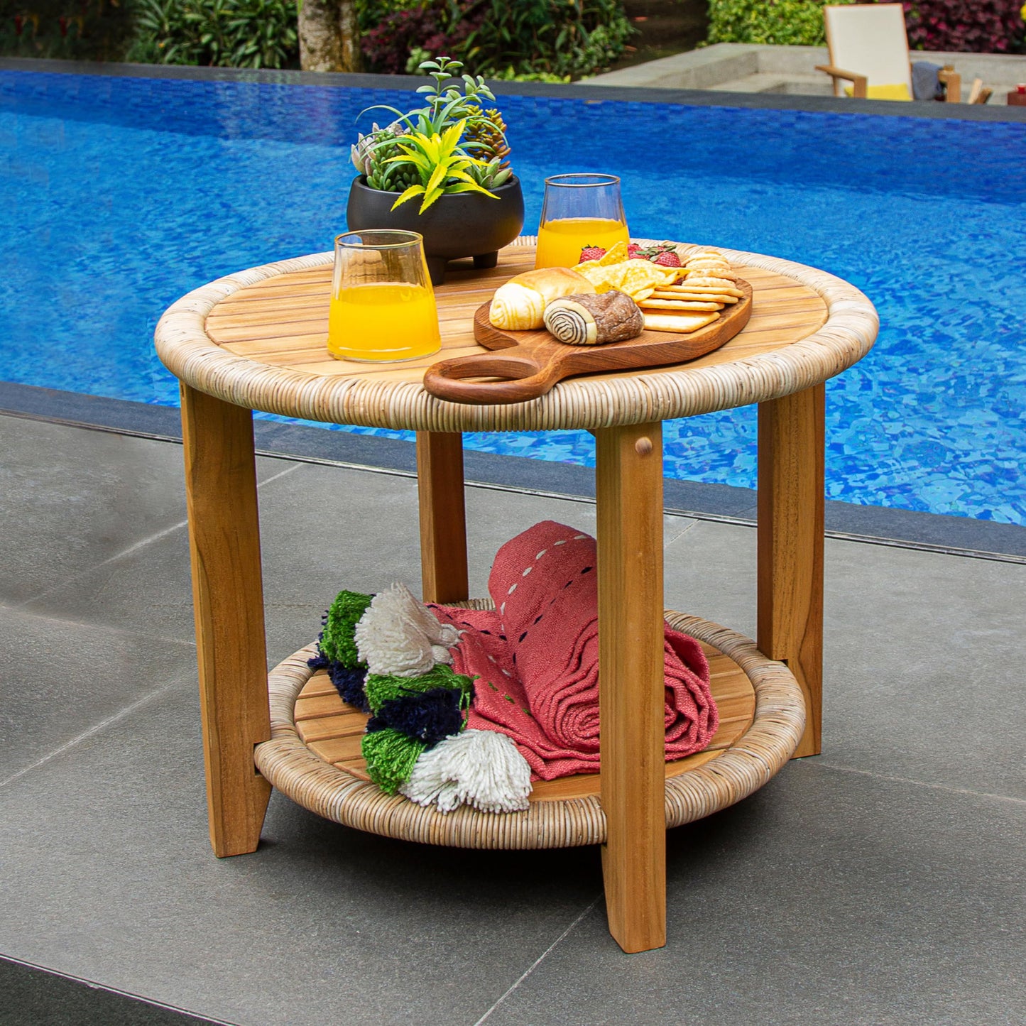 Cambridge Casual Bronte 3-Piece Teak Outdoor Lounge Set – 2 Oversized Lounge Chairs with Tufted Backrest Cushions & Teak Side Table with Honey-Core Wicker Shelf