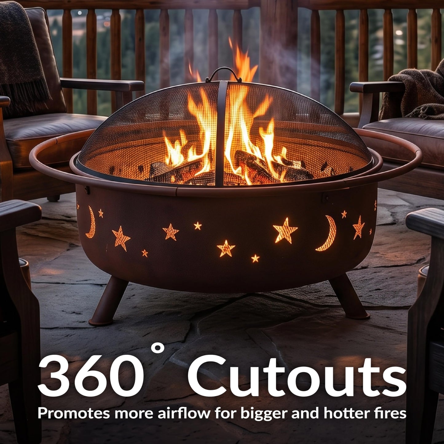 Sunnydaze Cosmic 42-Inch Large Outdoor Fire Pit - Wood-Burning Firepit for Outside Patio, Backyard, Deck - Steel - Wood Grate, Spark Screen, and Fireplace Poker Included - Bronze - 34” Bowl Diameter