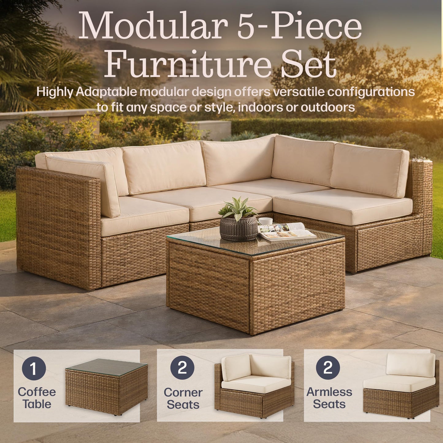 Alaterre Furniture Montara 5 Piece Modular Outdoor Patio Furniture Set - Weather-Resistant Wicker Rattan Patio Table and Chairs Set - Outdoor Couch Set for Backyard, Porch, or Deck (Tan/Cream)