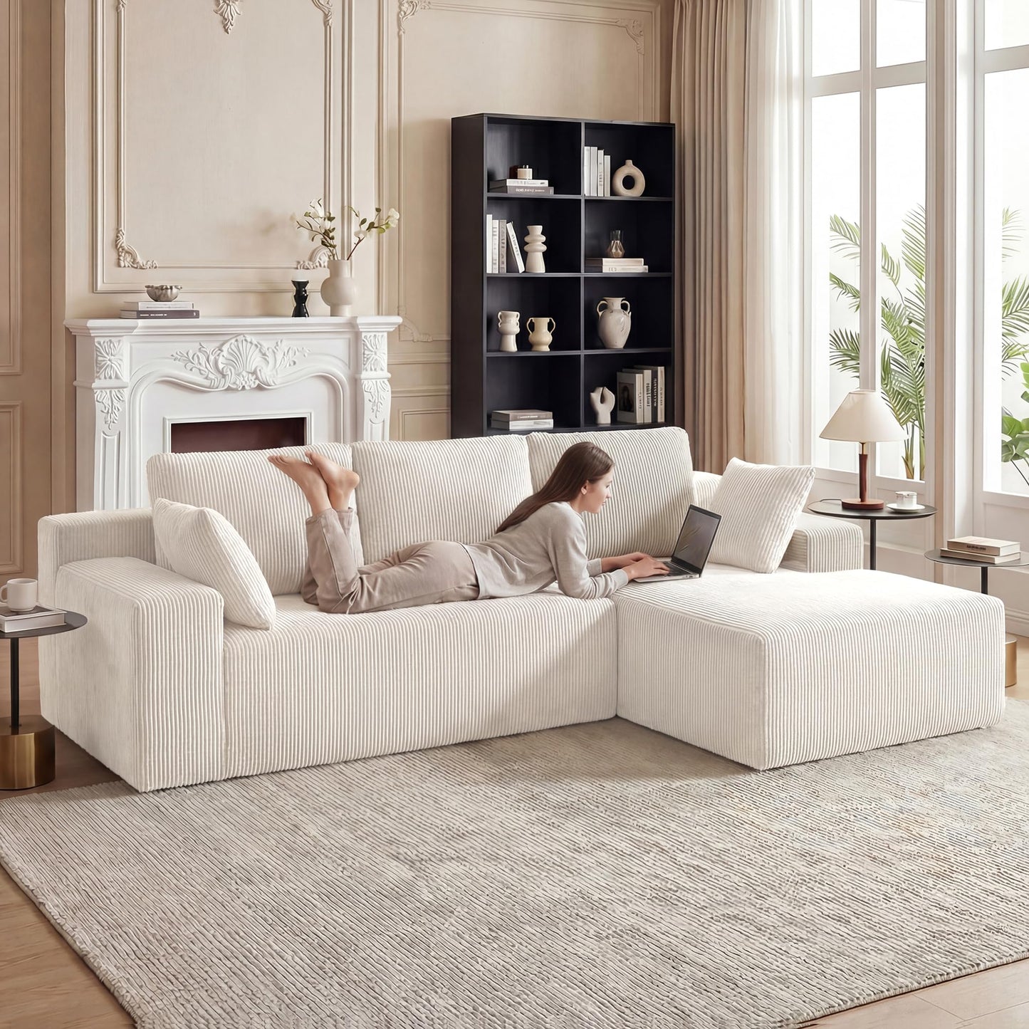 GRUSIGN Cloud Sectional Boneless Couches for Living Room, Modular L Shaped Couch with Deep Seat Oversized Right Facing Chaise, Memory Foam Compressed Spineless 3 Seater Sofa for Apartment, Beige