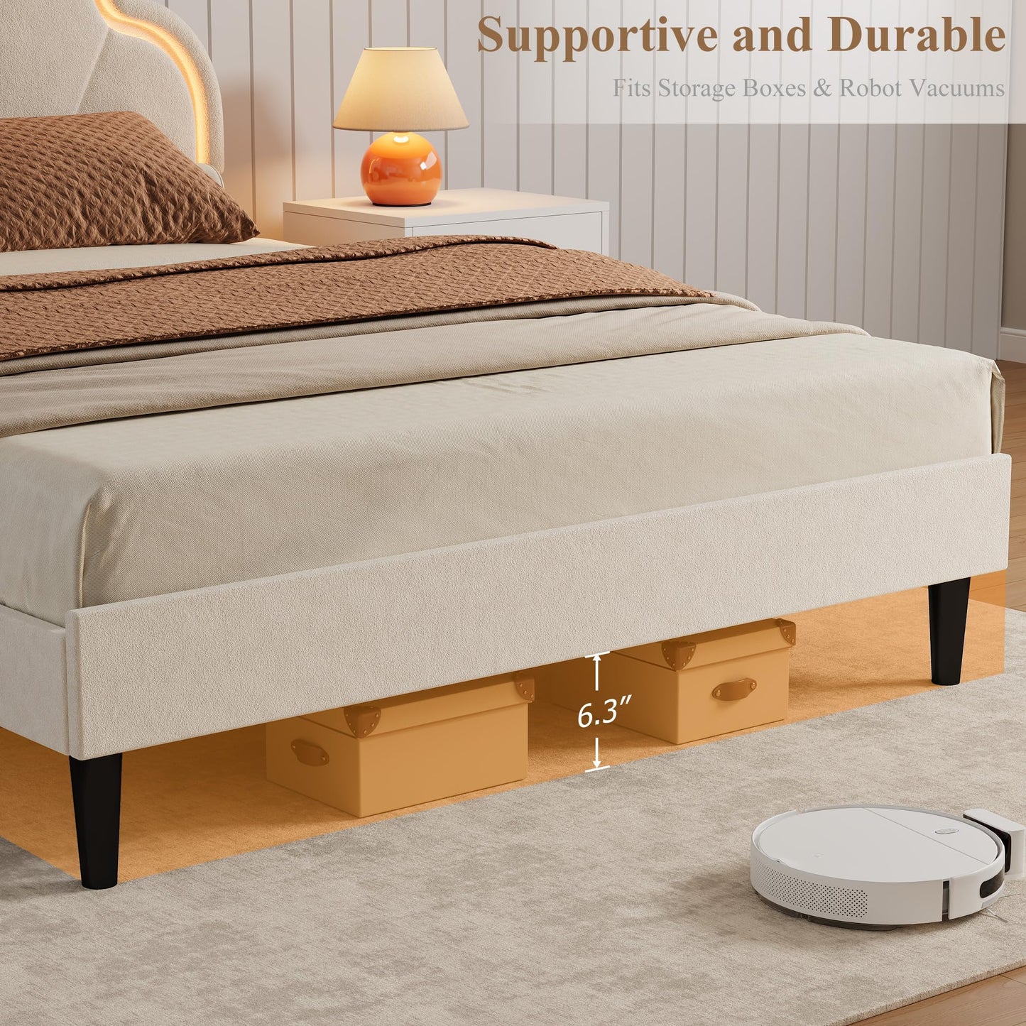 Garvee Queen Bed Frame, Velvet Platform Bed Frame with Adjustable Seashell Headboard and LED Light, Under Bed Storage, No Box Spring Needed, White