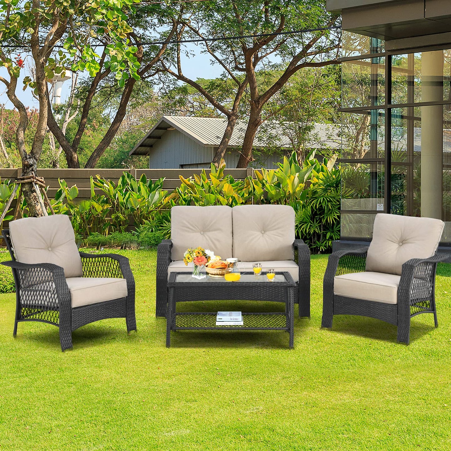 Tangkula 4 Pieces Outdoor Patio Furniture Set, Patiojoy PE Wicker Conversation Sofa Set with Tempered Glass Coffee Table, Sectional Rattan Patio Sofa Set for Garden, Backyard, Poolside (Beige)