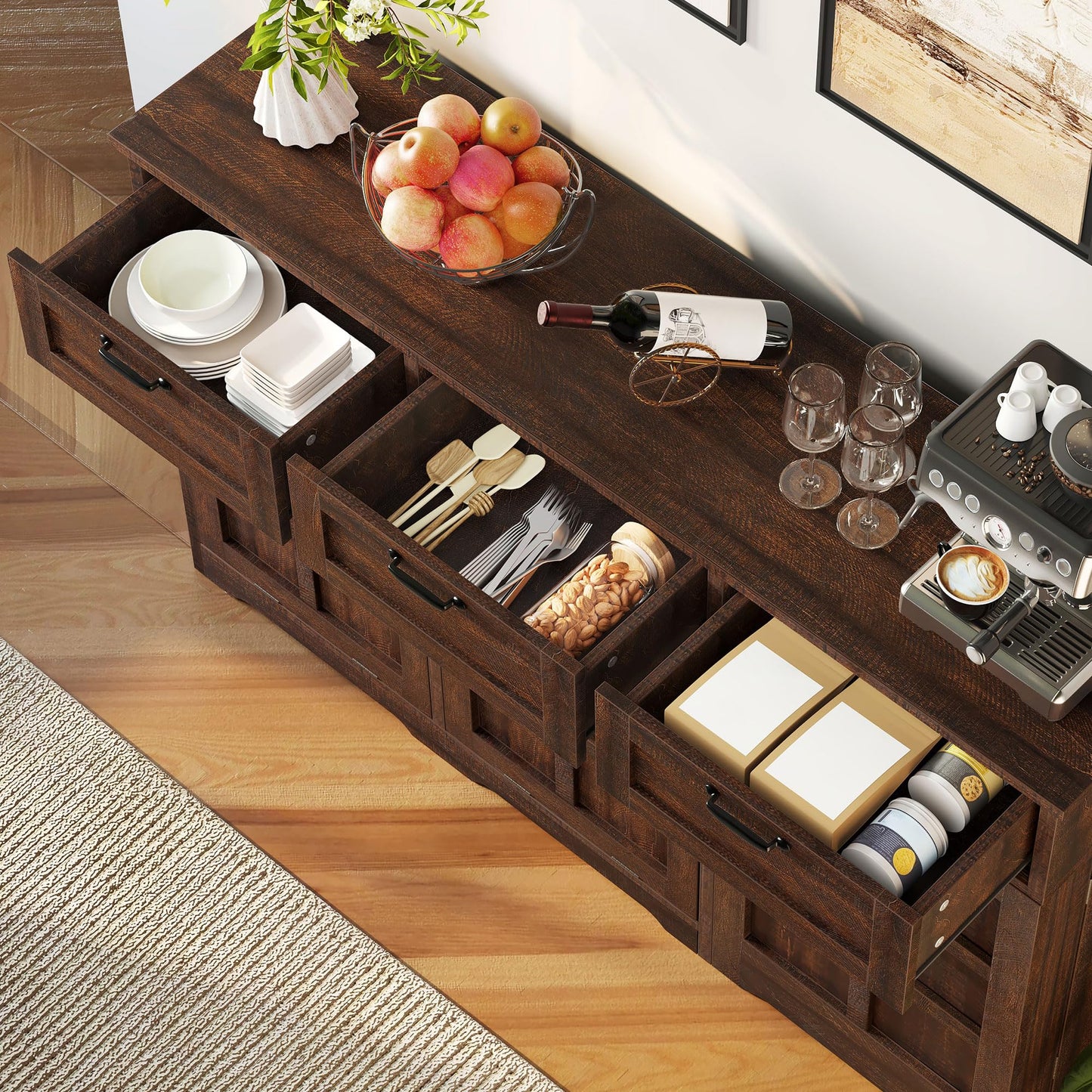 DWVO 58.3" Rustic Kitchen Island Storage Cabinet, Tilt Out Trash Can Cabinet, Farmhouse Kitchen Island with 3 Drawers, 2 Tilt-Out Doors for 10 Gallon Bins, Adjustable Shelf