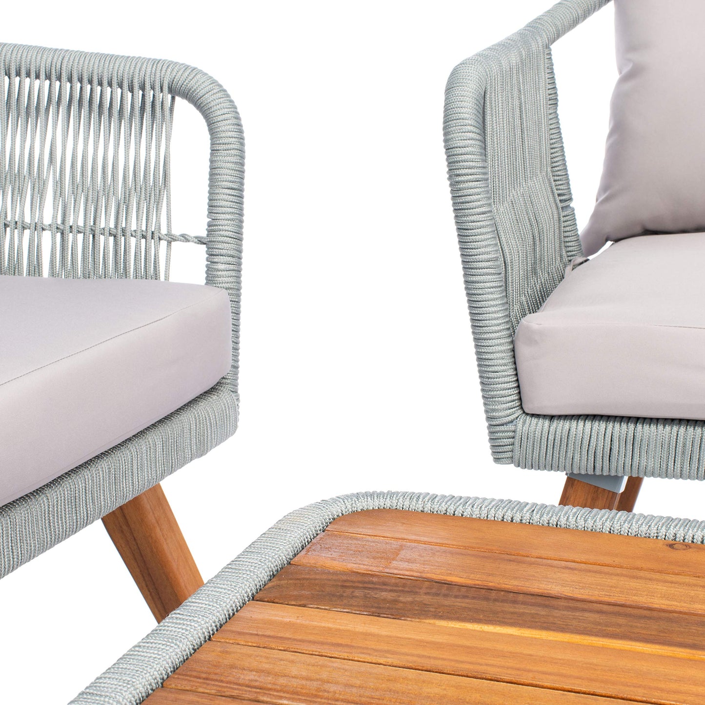 SAFAVIEH Outdoor - Raldin Grey Rope 4-Piece Patio Set, Eucalyptus Wood Conversation Set with Cushions, Outdoor Sofa, Chairs & Coffee Table (PAT7049C)