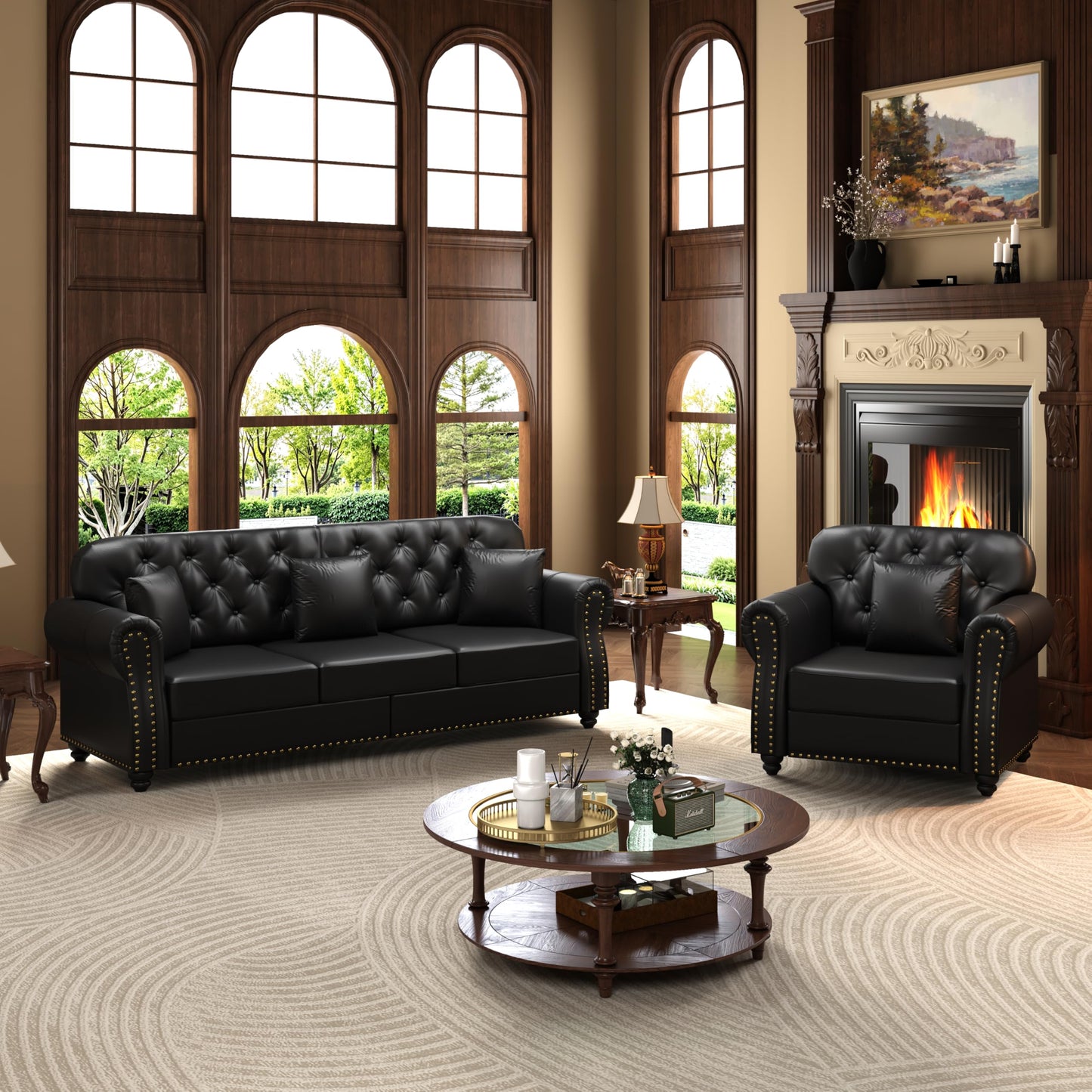 KEIKI 2-Piece Chesterfield Sofa Set with 1 Faux Leather 3-Seater Sofa & 1 Single Sofa, Upholstered 4-Seater Couch Set with Nailhead Trim & Rolled Arms & 1 Ottoman & 4 Pillow, for Living Room, Black