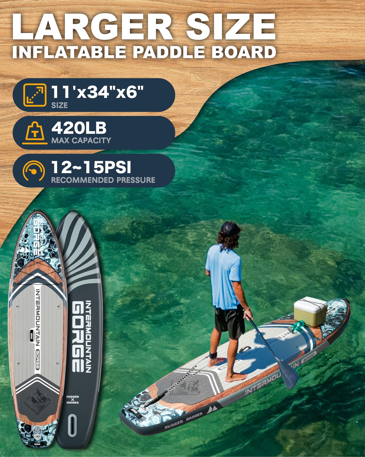 11'x34 Ultra Wide Inflatable Paddle Board, Stand Up Paddle Board &420lb Capacity for All Skill, Paddle Board for Yoga/Family, EVA Deck, US Fin, 100L Bag, High-Pressure Pump, Safety Leash