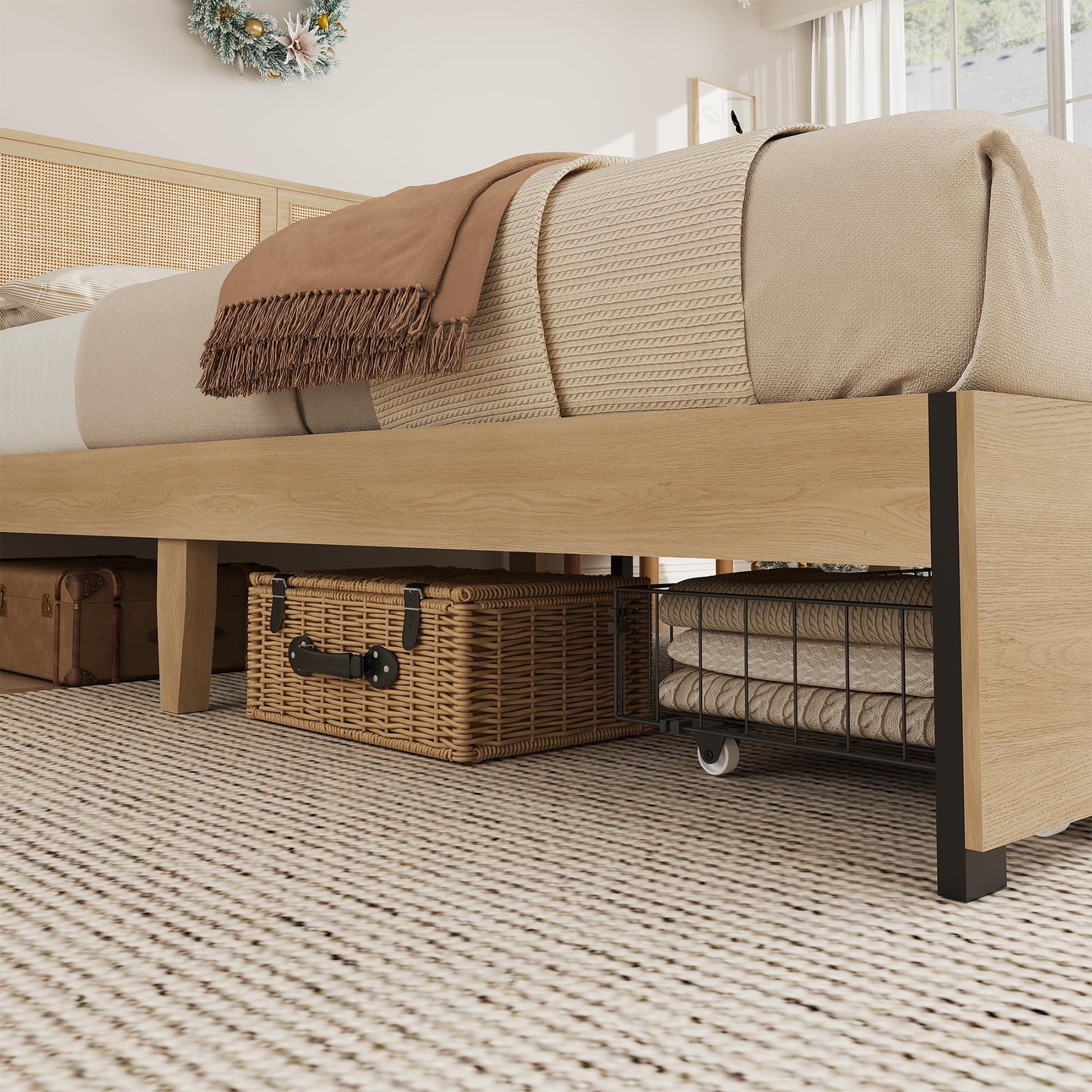 GarveeHome Queen Platform Bed Frame, Queen Size Bed Frame with Natural Rattan Headboard, Cane Bed Frame with 2 Storage Drawers and Strong Wood Slats Support, Noise Free, No Box Spring Needed