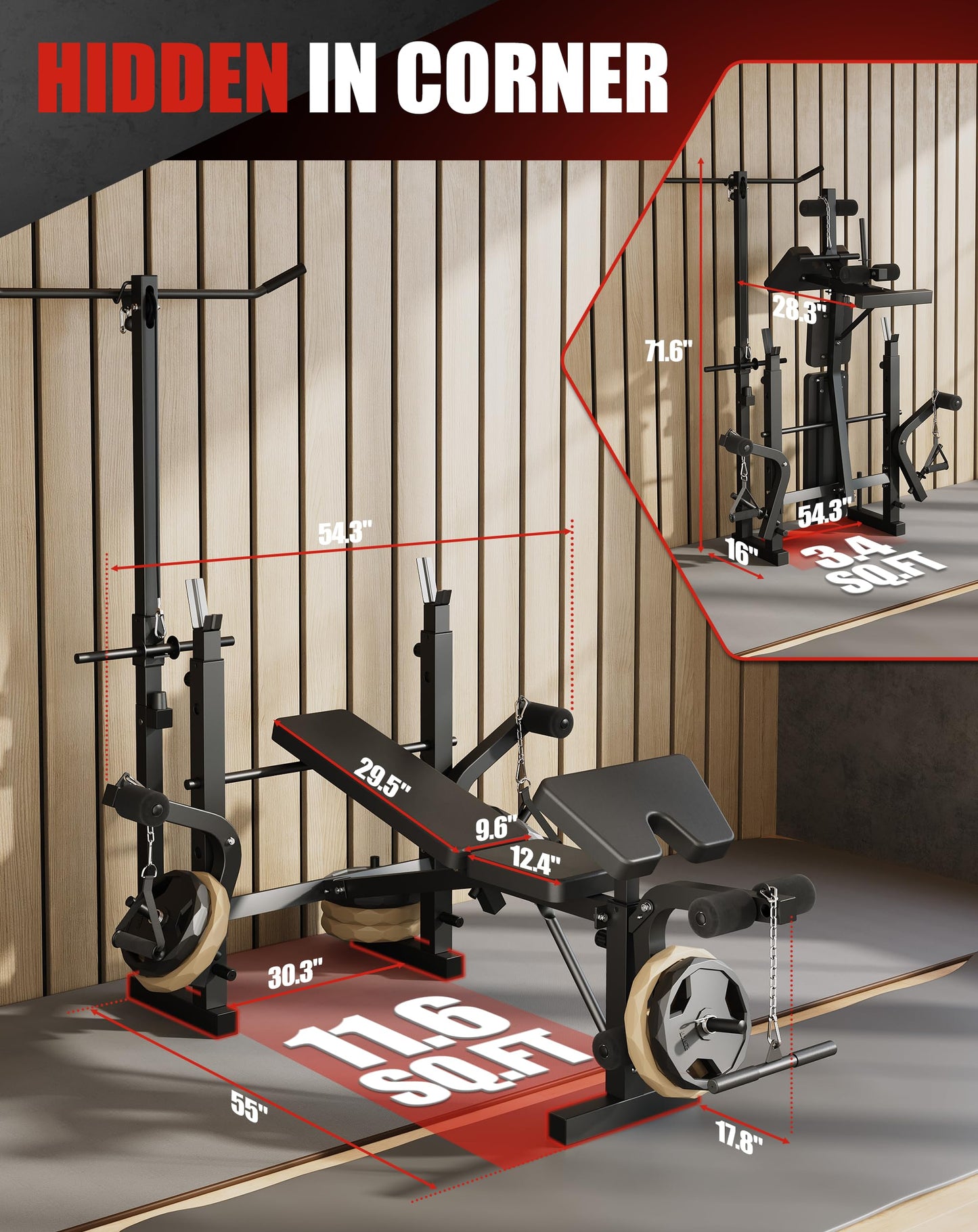 7-in-1 Weight Bench Set with Adjustable Rack, 900LBS Foldable Bench Press Set with Leg Extension/Curl for Strength Training, Multi-Function Workout Bench with Preacher Curl Pad for Home Gym